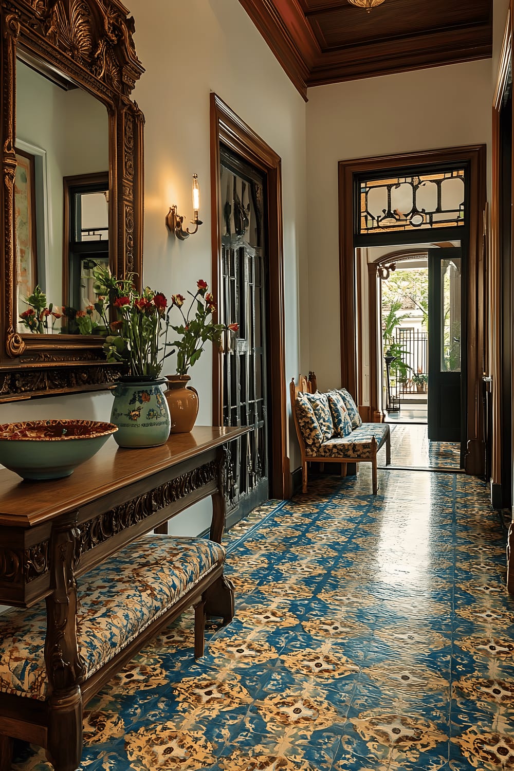 A welcoming entryway featuring a vibrant mosaic tile floor in blues, greens, and golds inspired by Barcelona’s Modernisme movement. A wooden console table with Catalan carvings is adorned with a decorative ceramic bowl and a vase of fresh flowers. Above the table, a large ornate mirror reflects natural light. A stylish bench with patterned cushions offers a place to sit.