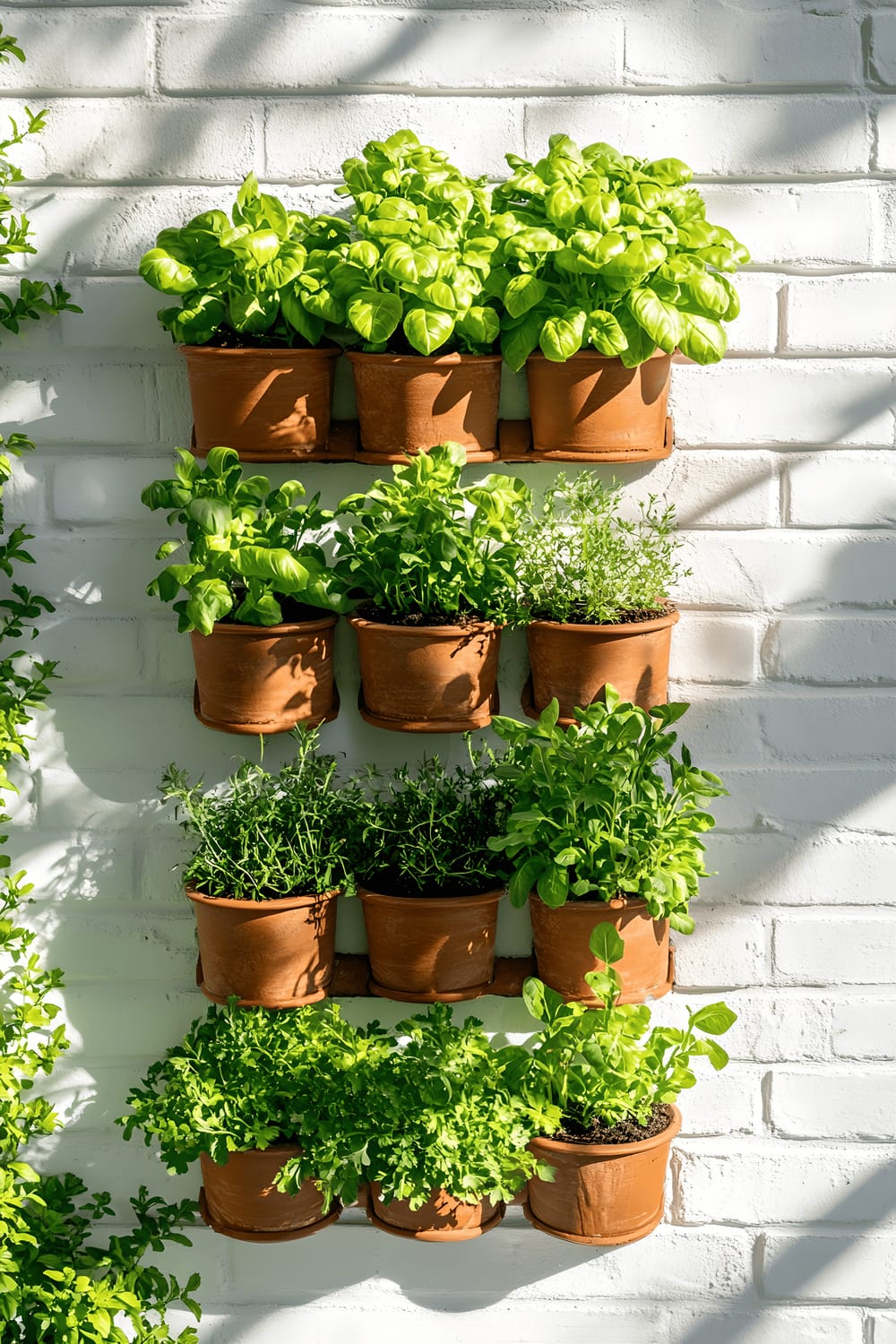 A vivid vertical garden mounted on a white brick wall, showcasing a variety of herbs in terracotta pots including basil, rosemary, thyme, and green lettuce. The garden is bathed in the clear, bright light of a sunny afternoon.