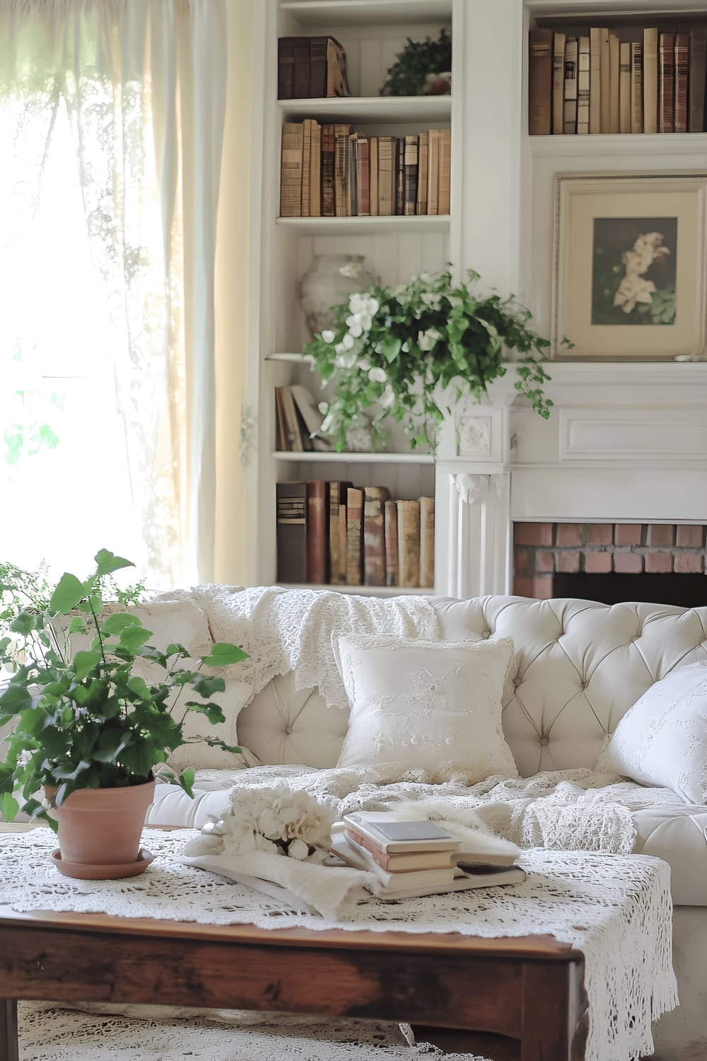 An English cottage-style living room with a soft floral motif, vintage furniture, and a variety of textiles. In the room is a tufted fabric sofa adorned with plaid cushions, a wooden coffee table covered with a lace-trimmed tablecloth, and built-in bookshelves brimming with classic books. English ivy and hydrangea plants are situated in vintage pots around the room. The decor is complemented by lace curtains, a fireplace with a vintage mantle, and a variety of light sources such as table lamps and wall sconces which cast a warm, inviting glow.