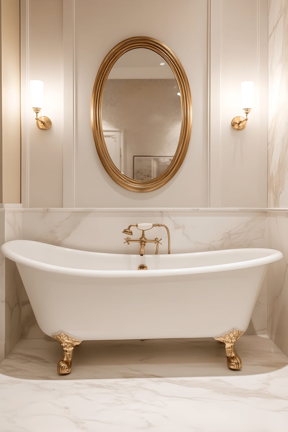 An opulent bathroom in a London home, featuring white marble walls, a stately freestanding clawfoot bathtub, and elaborate matte gold fixtures. A large oval mirror with intricate gold detailing sits above the bathroom sink, reflecting the warm ambient lighting from wall sconces. The overall composition of the photograph offers a sense of serene luxury.