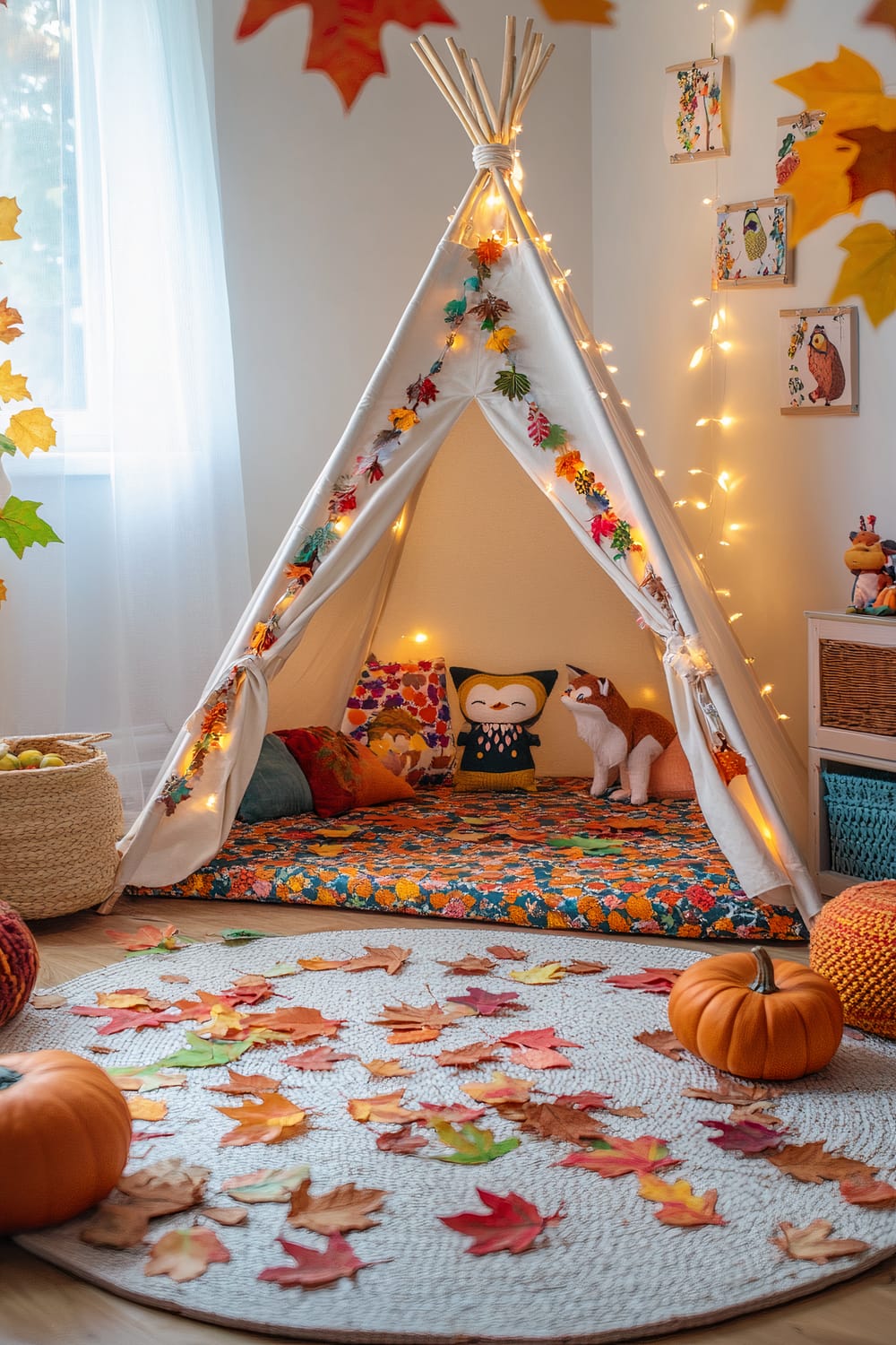 A whimsical children’s playroom is decorated in an autumn theme. A white teepee tent adorned with autumn leaf garlands and string lights stands in the center. Inside the tent, colorful pillows and soft toys such as an owl and a fox add to the playful atmosphere. The floor outside the tent is covered with a round woven rug, scattered with fake autumn leaves, next to a large pumpkin. The corner of the room shows a basket filled with apples and a small storage unit with handmade crafts on top. The wall features small art pieces with animal illustrations.