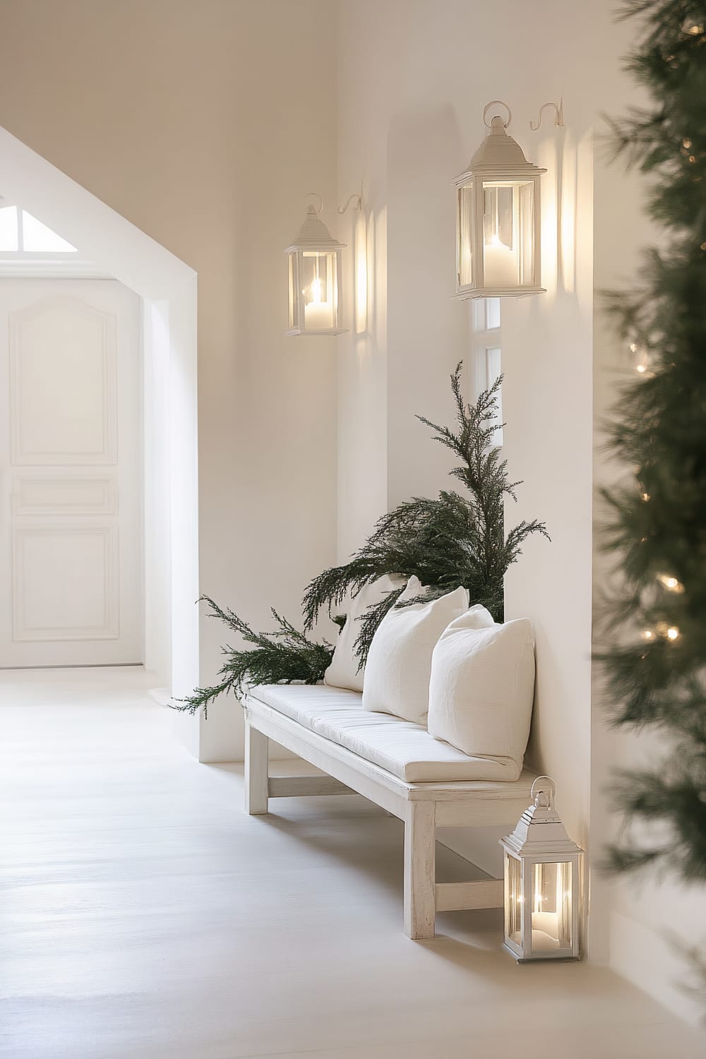 A spacious and bright white entryway with a white wooden bench adorned with white cushions and green evergreen sprigs. The walls feature hanging white lanterns emitting soft, warm lighting. A white lantern placed on the floor complements the design. The entrance door in the background is framed by an arch, enhancing the welcoming and festive atmosphere.