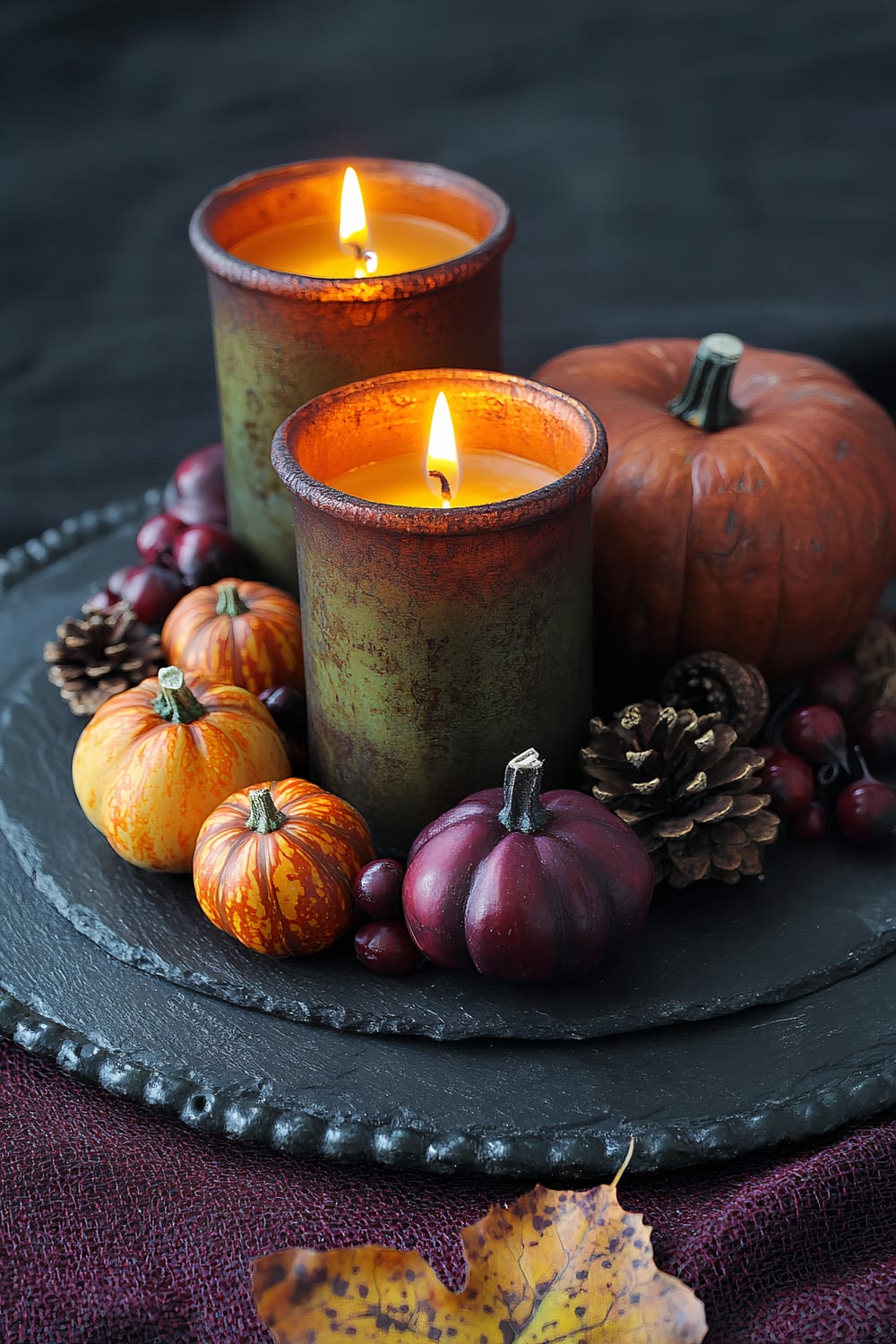 A centerpiece featuring two lit chartreuse candle holders surrounded by small decorative pumpkins in burgundy and orange, acorns, pinecones, and red berries. The arrangement sits on a black slate plate with a burgundy cloth and an autumn leaf partially visible beneath it.