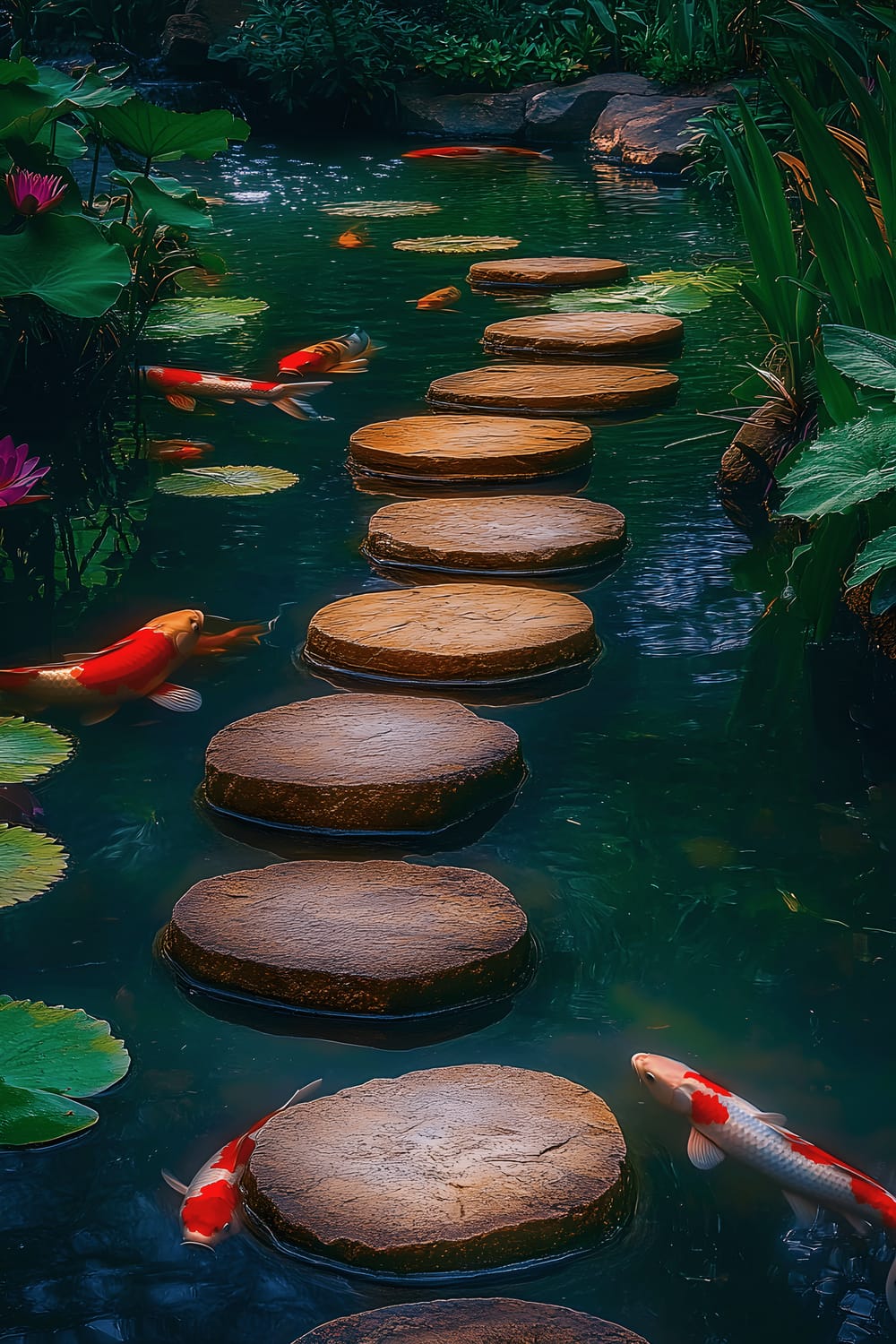 A serene image of a koi pond with artistically arranged smooth river rock stepping stones bridging the water. Multiple colorful koi fishes are visible underneath the transparent stones through the clear water. The scene is surrounded by lush green foliage and beautiful lotus flowers. The entire setting is illuminated by a soft, diffused morning light.