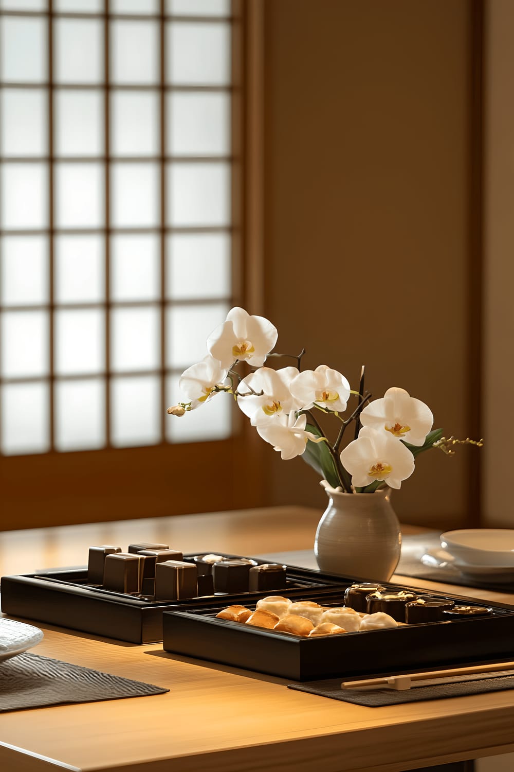 A serene image of a minimalist Japanese-inspired dining table for two. The low wooden table set on tatami mats is adorned with a sleek black and gold box of assorted Japanese chocolates. A small vase with beautiful white orchids accompanies the chocolates. Soft and diffused paper lanterns cast a sophisticated glow, emphasizing the details of the chocolates and setting a culturally rich and romantic atmosphere.