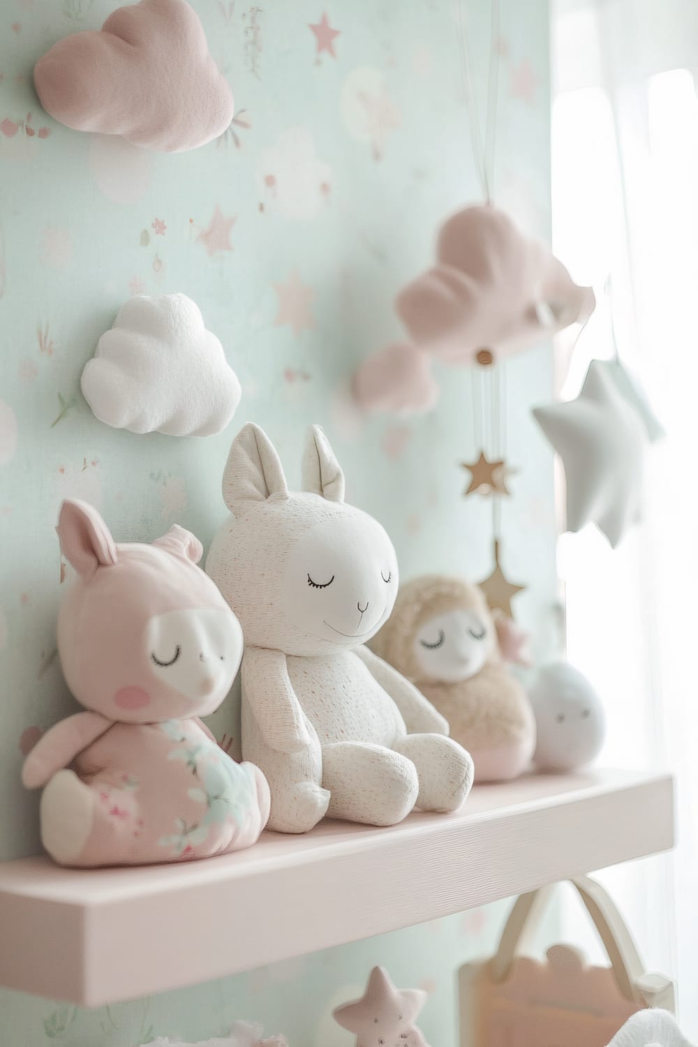 A nursery with a soft pink shelf decorated with plush animal figurines, cloud and star motifs, and handcrafted wooden mobiles. Gentle natural light illuminates the pastel colors and soft textures, creating a peaceful and nurturing environment. The backdrop features a calming mural with subtle patterns.