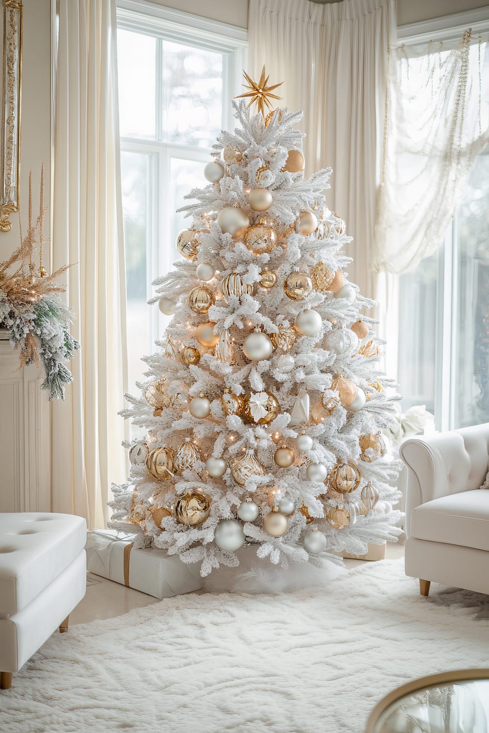 A sophisticated Art Deco white Christmas tree decorated with geometric ornaments, gold accents, and mirrored garlands, set in an elegant vintage-inspired living room with ambient lighting.