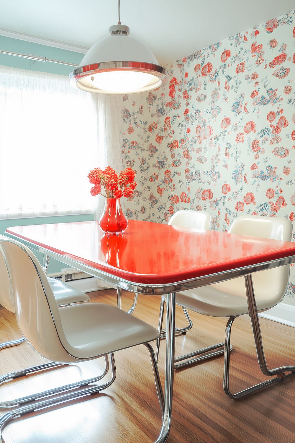 An interior view of a 1950s-style kitchen dining area featuring a red vinyl dining table with chrome edges, four white chairs with chrome legs, patterned wallpaper in pastel hues with red and blue floral designs, a strong overhead light in a white and chrome fixture, and a vase with red flowers on the table.