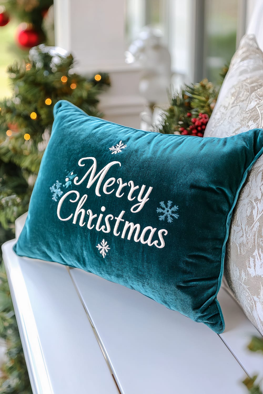 A plush turquoise Christmas pillow with "Merry Christmas" embroidered in white cursive, adorned with snowflake designs. It is placed on a sleek white porch bench with a white decorative pillow in the background. Greenery and festive decorations with red accents and warm string lights can be seen in the blurred background.