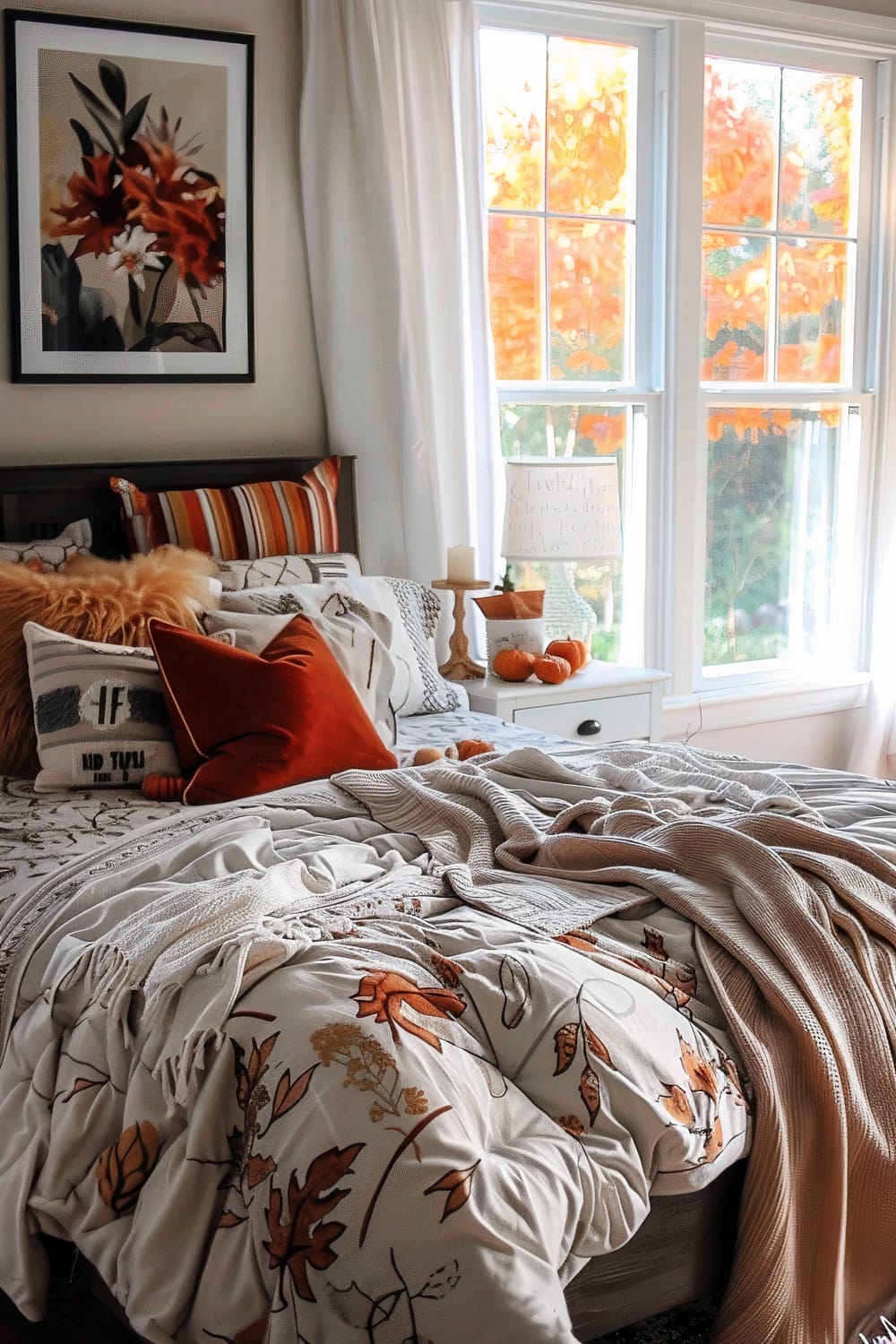 An inviting bedroom with a warm, autumnal theme. The bed is adorned with a variety of pillows and blankets, featuring rust-colored and patterned designs. A framed floral artwork hangs above the headboard, and a large window allows natural light to illuminate the space, highlighting the fall foliage outside. On a nightstand near the window, there are small pumpkins, a candle, and a textured lamp.