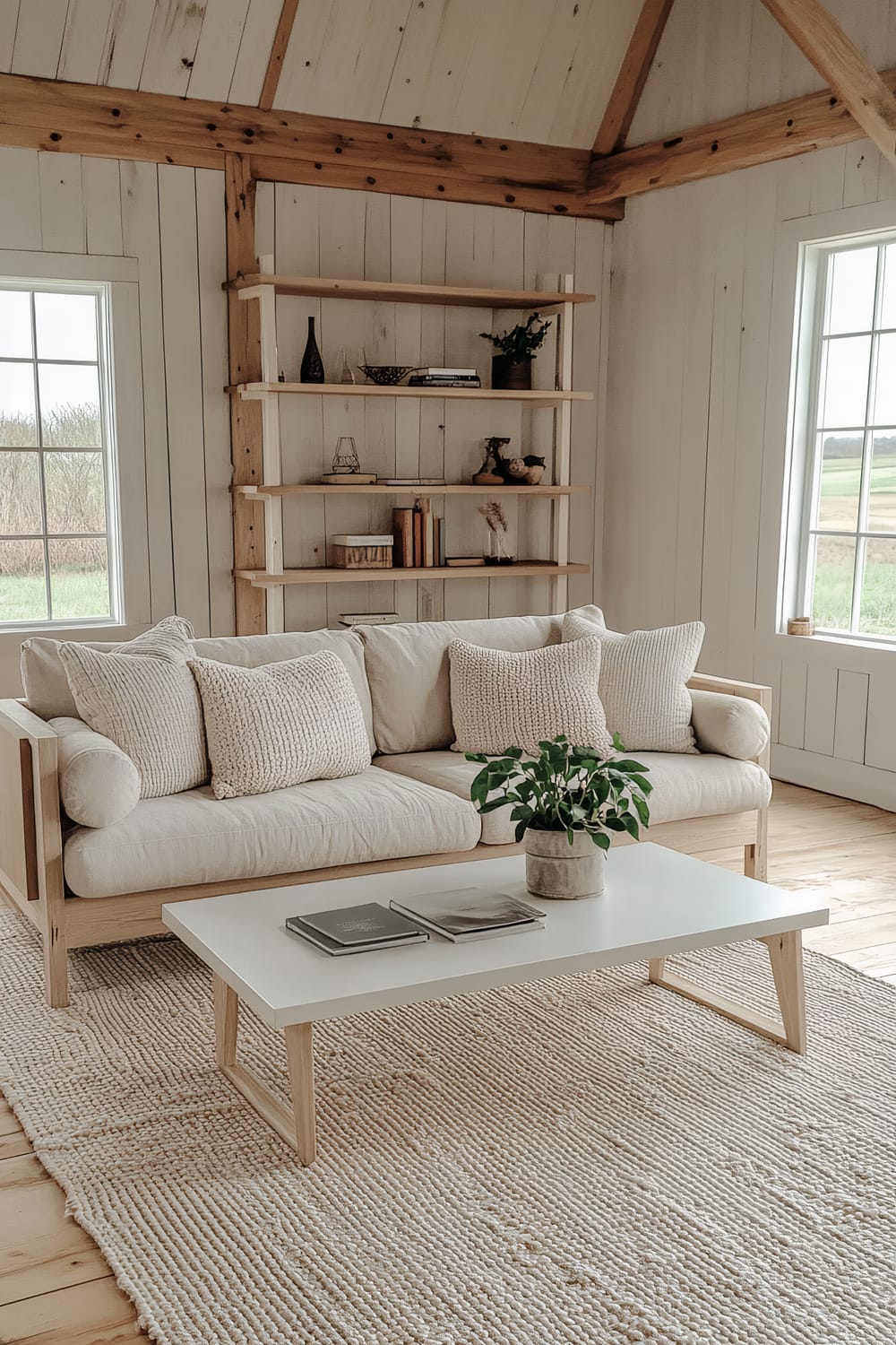 A Scandinavian-inspired pole barn loft man cave featuring a light wooden sofa with two knitted cushions, a simple white coffee table with a green plant, and a minimalist bookshelf with three decorative items. The interior is characterized by bold light colors and strong natural light, creating an uncluttered and airy atmosphere.