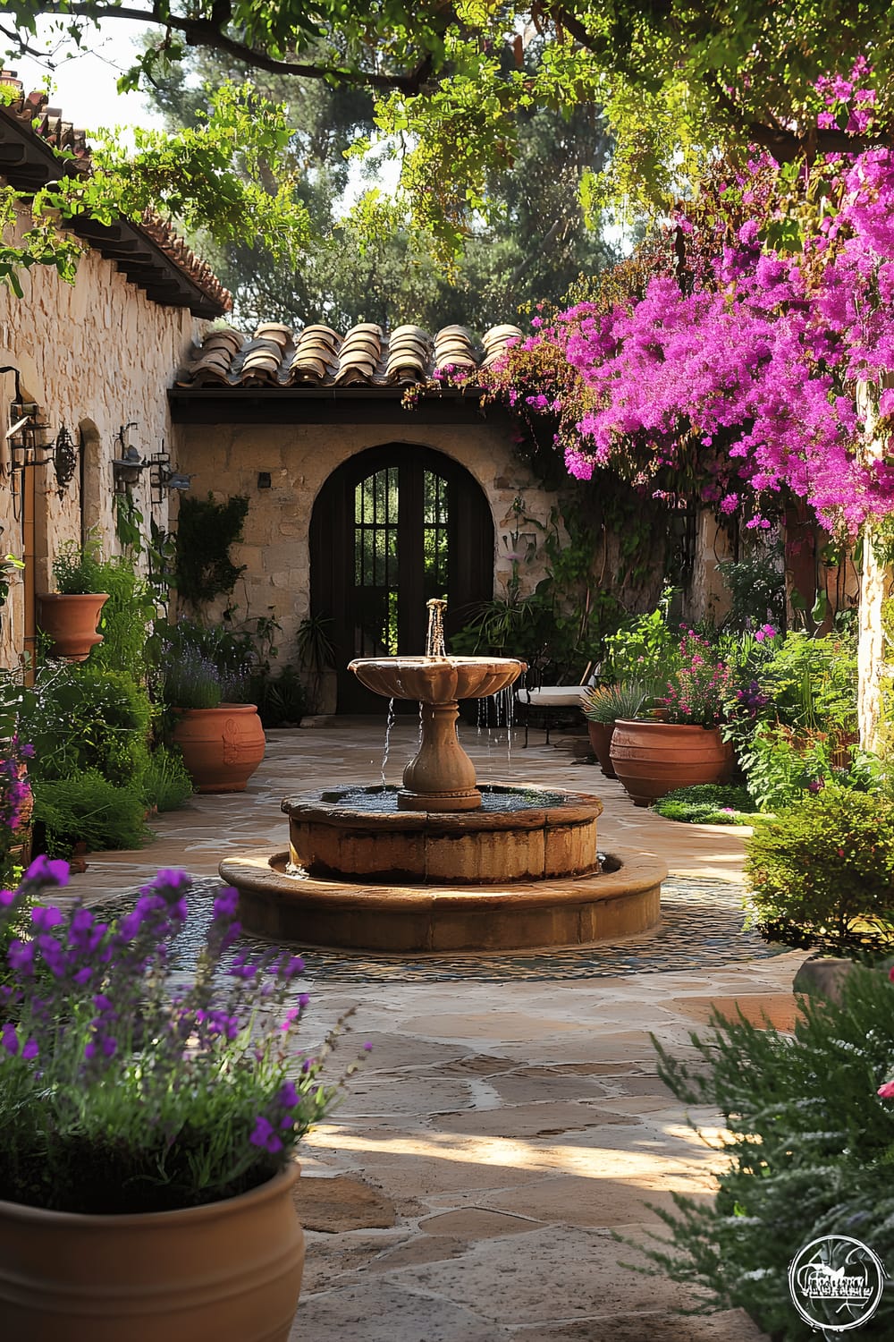 A Mediterranean-inspired garden filled with rustic stone walls, bougainvillea in shades of deep magenta falling off walls, and terracotta planters overflowing with aromatic plants like lavender and rosemary. At the heart of the garden, a mosaic water fountain adorns the space under the golden sunlight filtering through wrought iron pergolas, casting soft shadows and creating a tranquil ambiance.