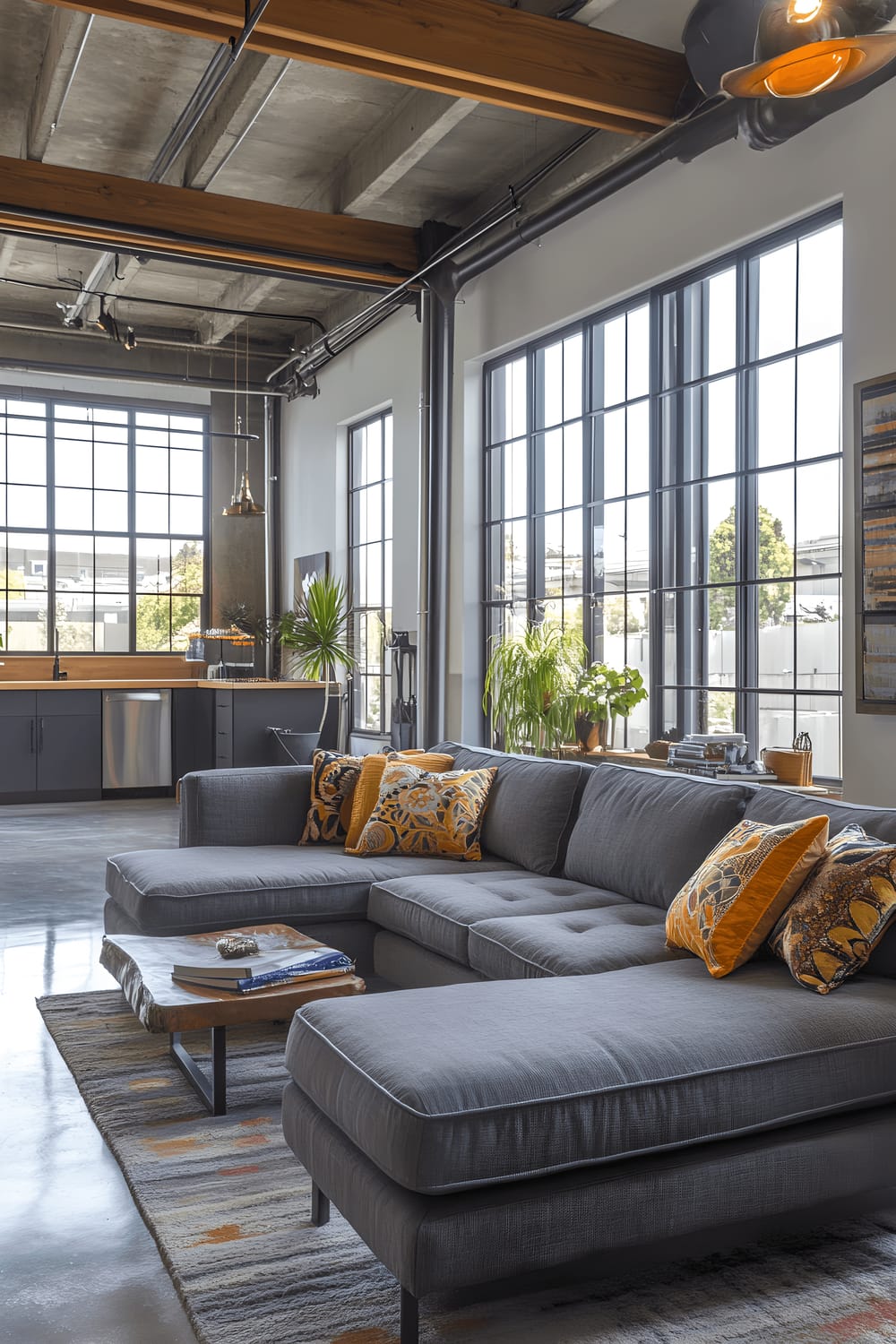 A spacious industrial loft living room viewed from a diagonal angle showing exposed steel beams on the ceiling and raw concrete floor. The room is furnished with a modern gray sectional sofa adorned with a colorful, patterned throw pillow. Large industrial-style windows are evident, filling the room with ample natural light and exposing a cityscape beyond. Around the room, chic yet eclectic decor pieces can be observed, enriching the overall character of the loft.