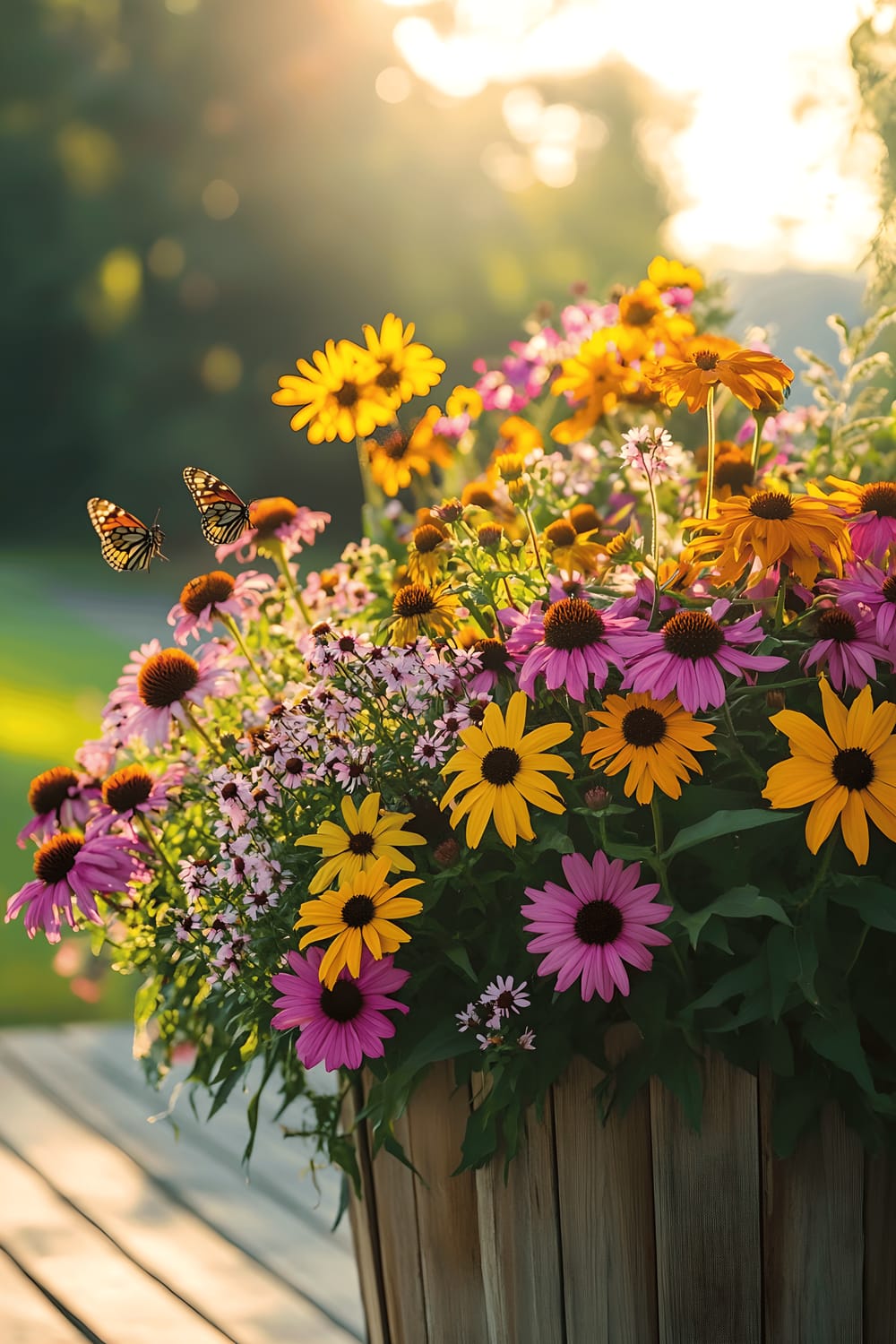 A wooden patio adorned with a vibrant wildflower planter blooming with an array of flowers including echinacea, milkweed, and black-eyed Susans. Butterflies are seen fluttering around the colourful natural scene under the warm sunlight.