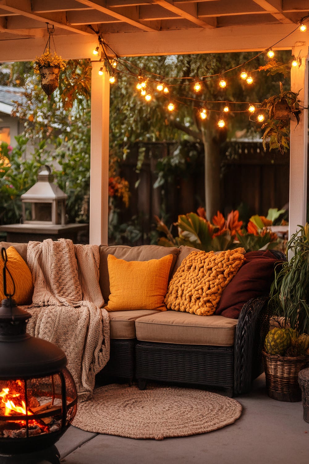 An inviting outdoor patio area is illuminated by warm string lights. The space features a dark wicker sectional sofa adorned with cozy, mixed textured blankets and vibrant yellow and burnt orange cushions. In the foreground, a small round rug adds texture and warmth to the scene. A black, cylindrical outdoor fireplace with orange flames provides warmth, augmenting the cozy aesthetic. The surrounding greenery includes hanging plants and garden shrubs, adding a touch of nature to the intimate setting.