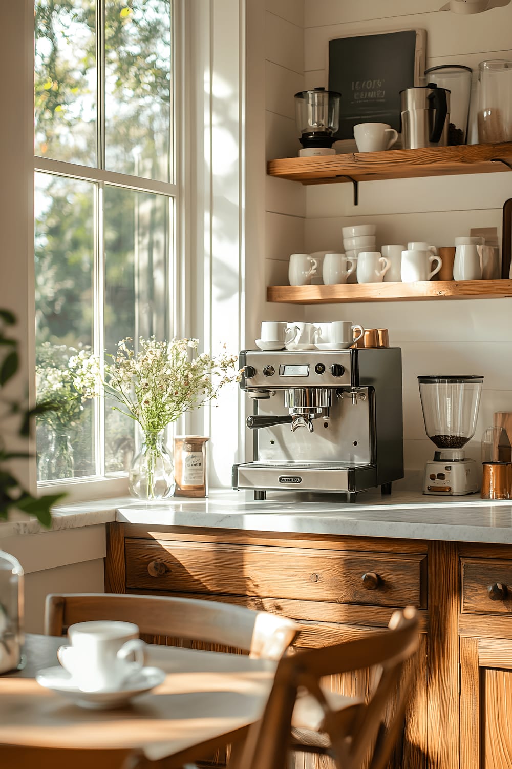 A bright, inviting kitchen focuses on a rustic wooden coffee station with a vintage espresso machine, neatly organized coffee cups, a glass sugar jar, and a small floral arrangement on a marble countertop. A wooden table with two chairs is positioned nearby, under a window that allows natural light to flood the room. Open shelves hold a neat arrangement of mugs and few select cookbooks, adding to the warm and welcoming atmosphere.