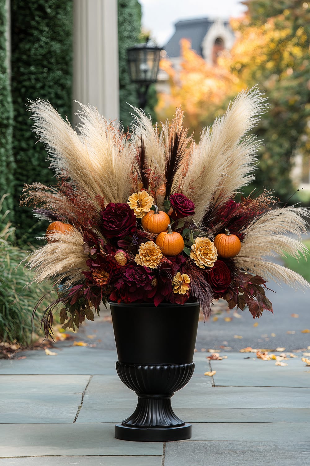 A tall, elegant black urn holds an elaborate autumn floral arrangement. The bouquet features pampas grass, maroon and deep red roses, yellow chrysanthemums, and small orange pumpkins. The background shows a well-manicured garden scene with tall green hedges and blurred-out buildings and trees showcasing autumn foliage in shades of yellow and orange.