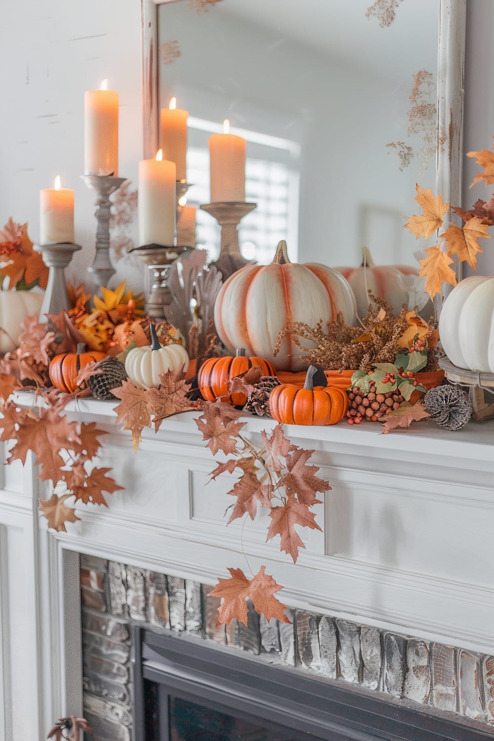 A fireplace mantel decorated with autumn leaves, pumpkins, pinecones, and candles. The orange and white pumpkins are interspersed with dry leaves, creating a harvest theme. Candles of various heights are lit atop rustic candlesticks, adding a warm glow. A mirror behind the arrangement reflects some of the decorations.