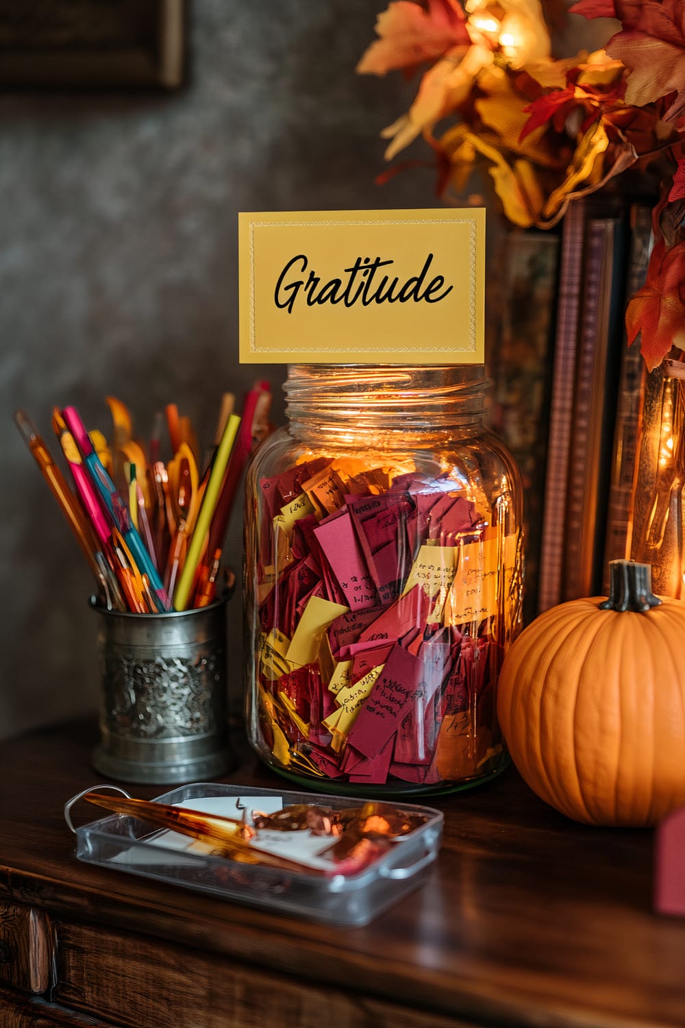 A Friendsgiving gratitude jar station with a large glass jar filled with red, yellow, and orange paper slips, a yellow label on top reading "Gratitude," a small pumpkin, a metal container with colorful pens, and a decorative spoon on a metallic tray. Autumn leaves and soft lighting decorate the rustic wooden sideboard.