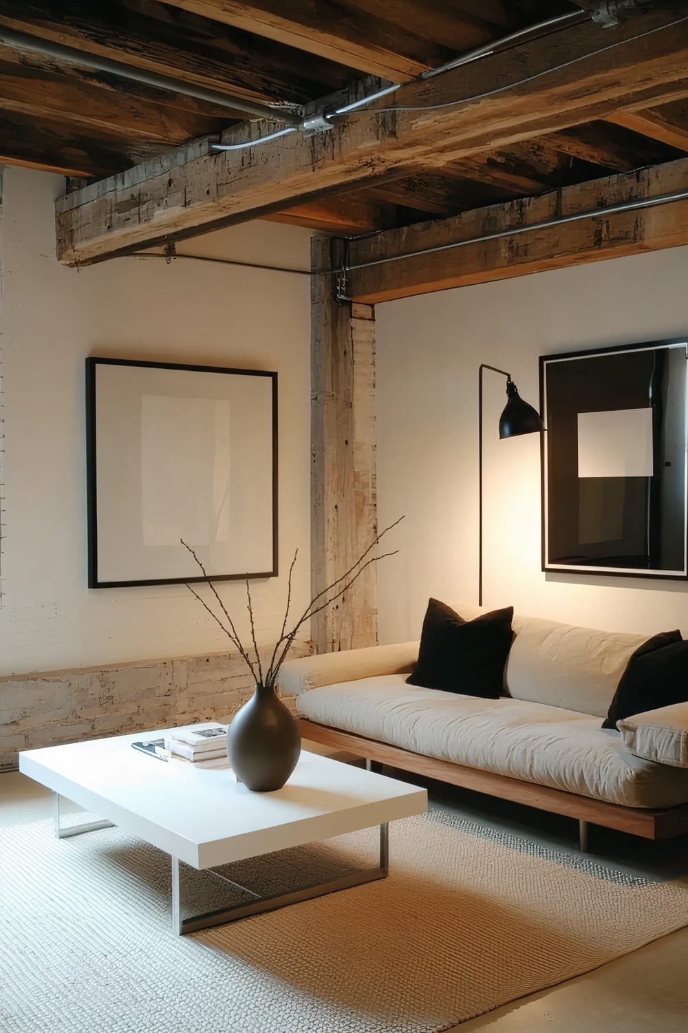 A minimalist loft with a modern design features a wooden ceiling with exposed beams and metal pipes. There is a neutral-toned sofa with dark cushions, a white coffee table with a single vase and some books, and two black-framed art pieces on the wall. A sleek floor lamp provides additional lighting.