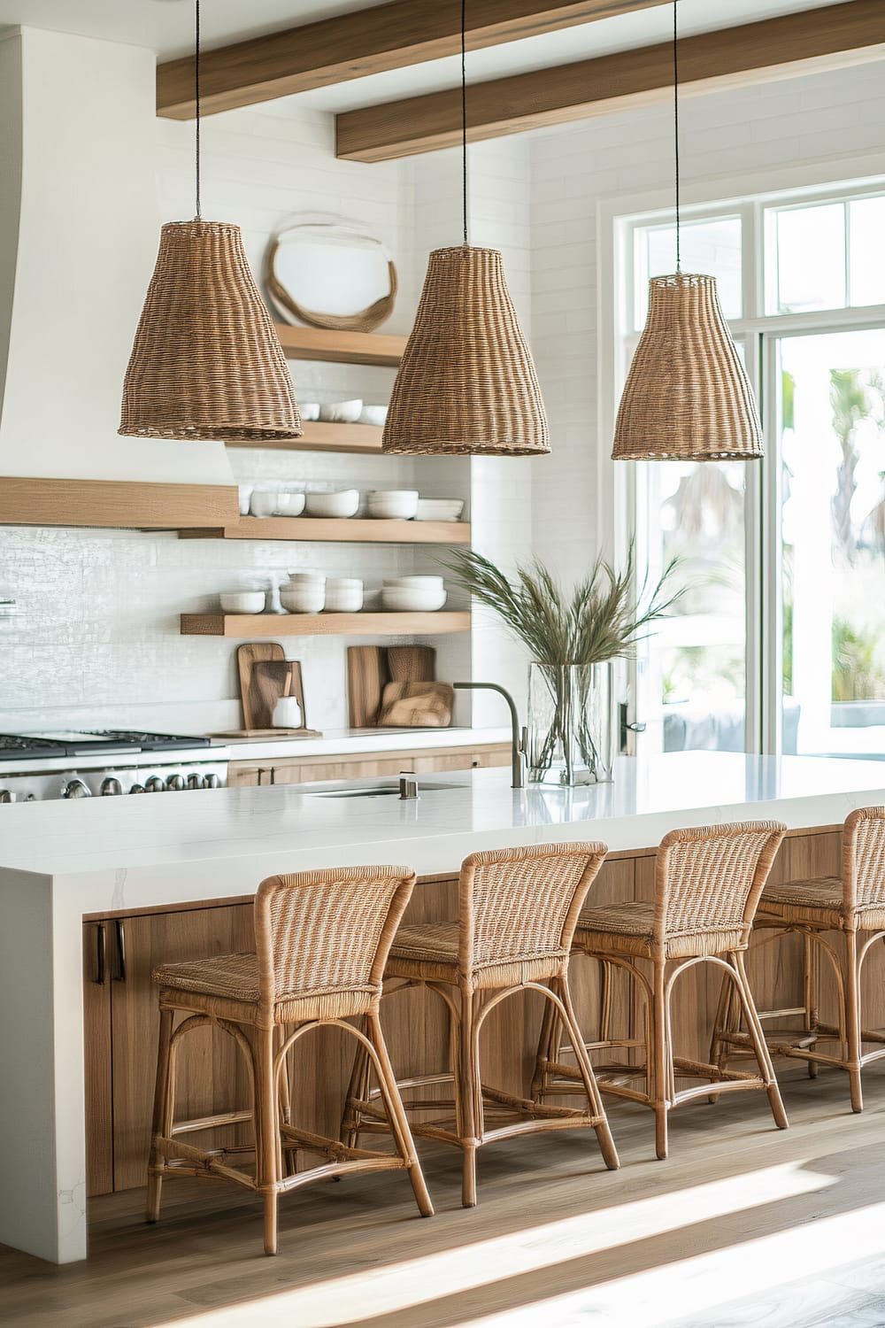 This kitchen features a large central island with a white countertop and a built-in stainless-steel sink. Four wicker bar stools are neatly aligned beneath the island, complemented by three wicker pendant lights hanging above. Behind the island, there are wooden floating shelves with neatly arranged white ceramic dishes. A glass vase with tall green foliage decorates the island. The kitchen is bright and airy, with natural light pouring in from a large window, and the wooden floors and accents add warmth to the space.