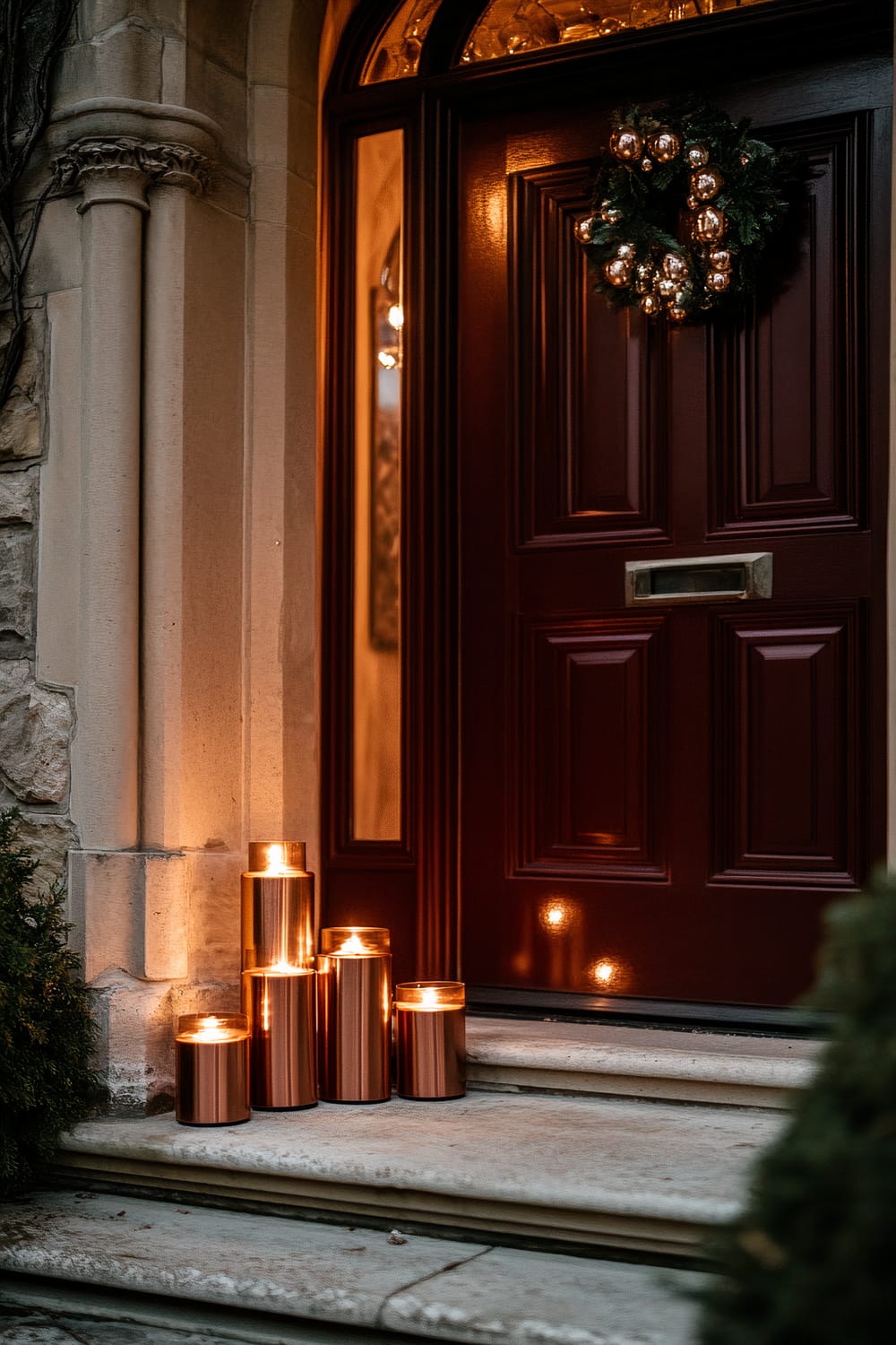 A rich burgundy door adorned with a wreath of greenery and ornaments is flanked by a series of copper LED candles flickering on the steps leading to the entrance. The entrance is framed by a stone archway and columns, adding to the sophisticated and welcoming atmosphere.