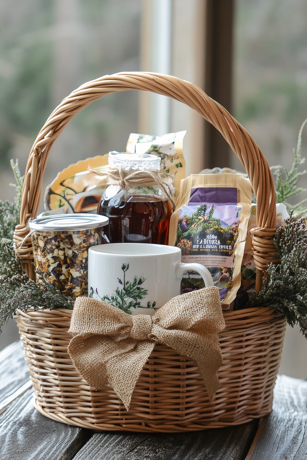 This image displays a wicker gift basket filled with several items. There is a ceramic mug featuring a delicate floral print, a glass jar filled with a tea blend, another jar containing a dark liquid, likely honey or syrup, and a variety of packages with colorful labels, probably containing food items or tea blends. The basket is adorned with a large burlap bow on the front, and some decorative greenery is woven between the items.