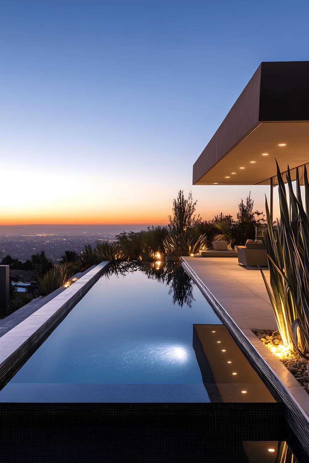 A modern swimming pool with a clean and sharp design, reflected in deep black tiles. The pool is surrounded by smooth concrete decking, and accompanied by sculptural plants like agave and tall grasses, giving a sleek aesthetic. Warm recessed lightings accentuate the contemporary style, illuminating the scene under the twilight sky.