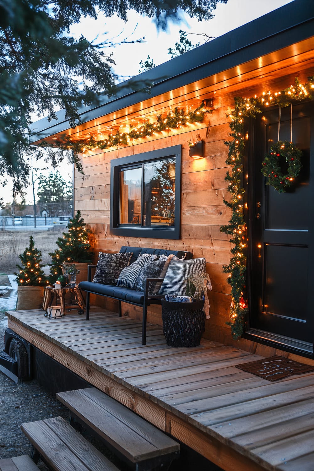 A cozy outdoor porch decorated with a festive touch. Wooden panels form the walls and porch floor, adorned with warm string lights wrapped around garlands. A black door bears a holiday wreath. A bench with monochromatic pillows sits beside a small table with holiday decor, and miniature Christmas trees with lights complete the scene.