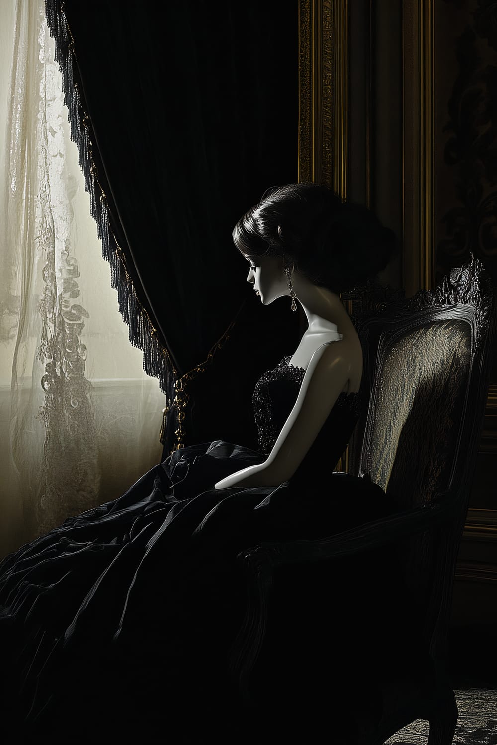 A porcelain doll dressed in an elegant black gown is seated gracefully on an ornate antique chair. The scene is set in a dimly lit corner of a grand mansion with dark velvet drapes and rich mahogany furniture. The doll is subtly highlighted by a soft spotlight, casting deep shadows and creating a sophisticated and eerie atmosphere.