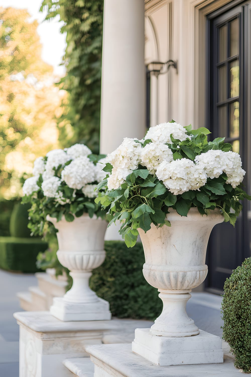 A pair of elegant marble pedestal planters positioned at the large, ornate wrought-iron entrance gate of an estate. The planters overflow with blossoms of pristine white hydrangeas, amidst climbing ivy and other lush greenery that drape over the sides.