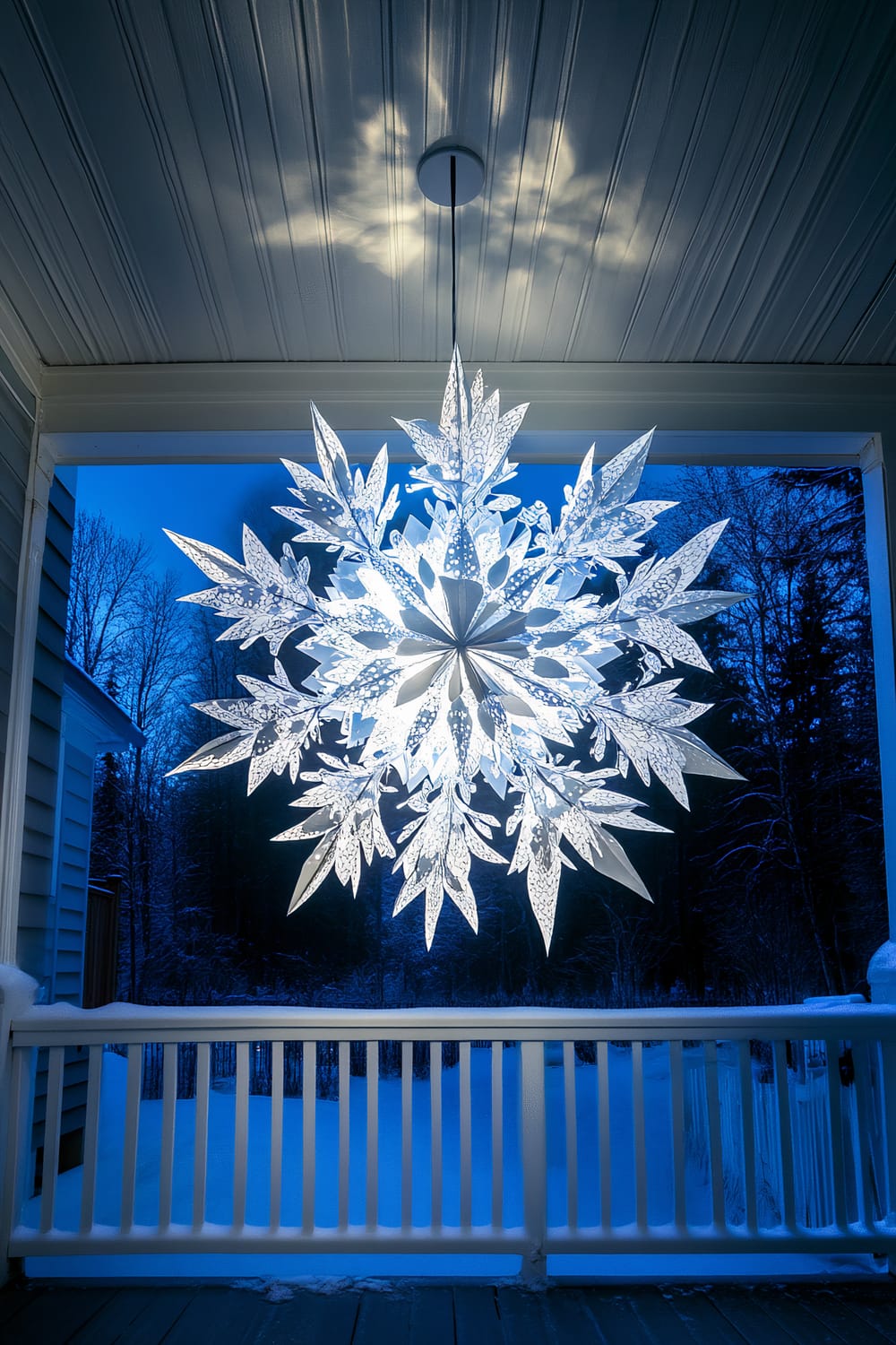 A large, illuminated 3D paper snowflake decoration hangs from a simple porch railing. The snowflake is bright white and silver, and contrasts sharply with the deep blue night sky. Dramatic spotlighting enhances the depth and detail of the snowflake, casting shadows against the porch ceiling.