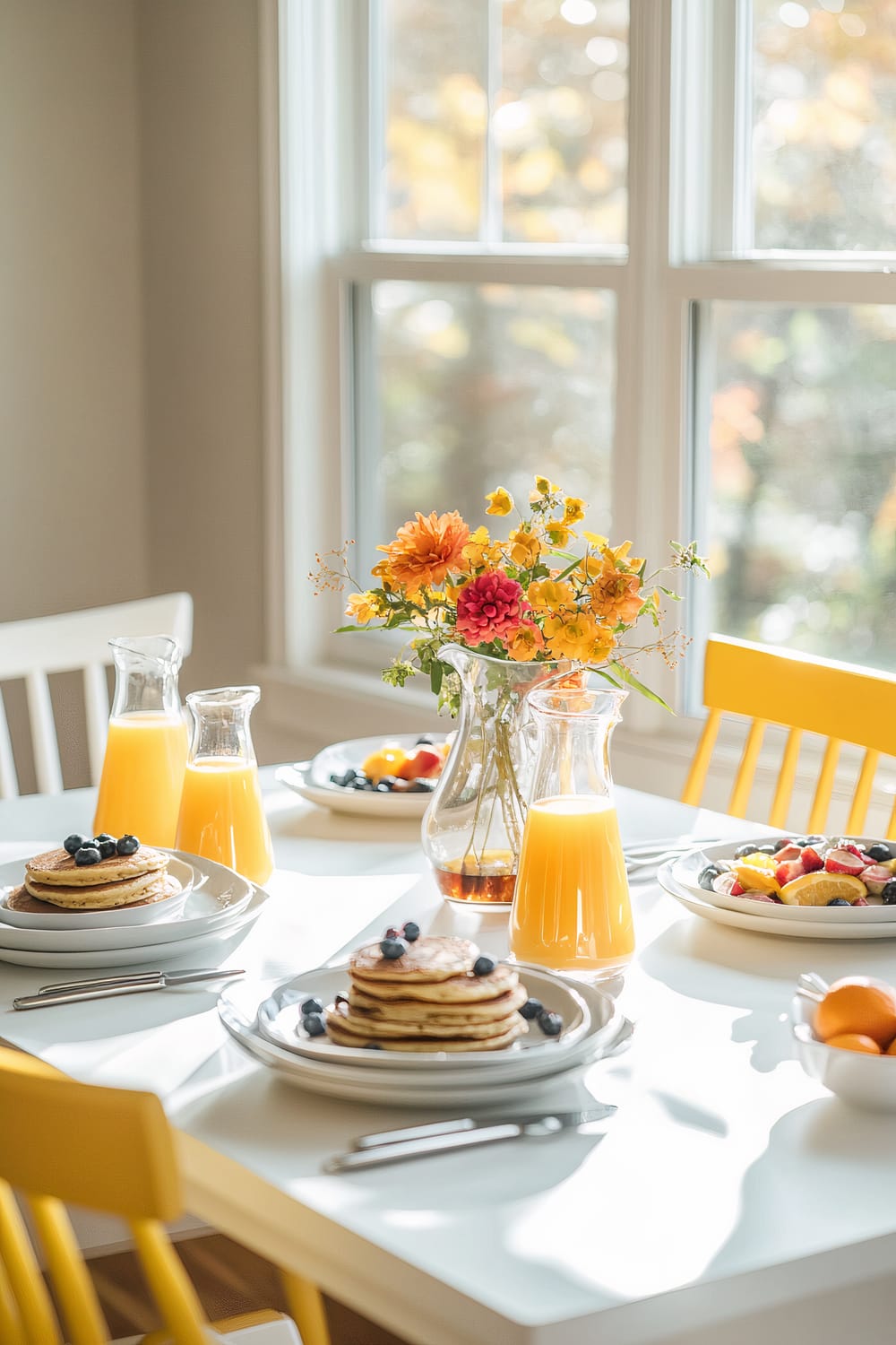 A minimalist breakfast nook featuring a white table set for six, with plates of blueberry pancakes, turkey sausage, and fresh fruit salads. Two glass carafes filled with orange juice and sparkling cider are placed on the table. A geometric vase with autumn flowers serves as a centerpiece. The table is surrounded by white and mustard yellow chairs, and soft morning light streams in from a nearby window.