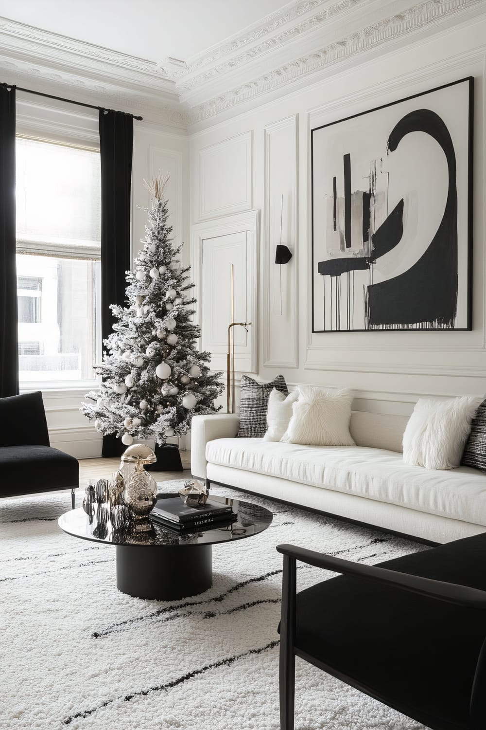 A sophisticated living room decorated for the Christmas season. A flocked Christmas tree adorned with white ornaments stands near a large window draped with black curtains. The room features a white sofa with furry and textured pillows, a black armchair, and a black round coffee table on a white and black patterned rug. A modern abstract black and white painting hangs above the sofa, and ornate crown molding accentuates the ceiling. The coffee table holds decorative items, including a metallic vase and books.