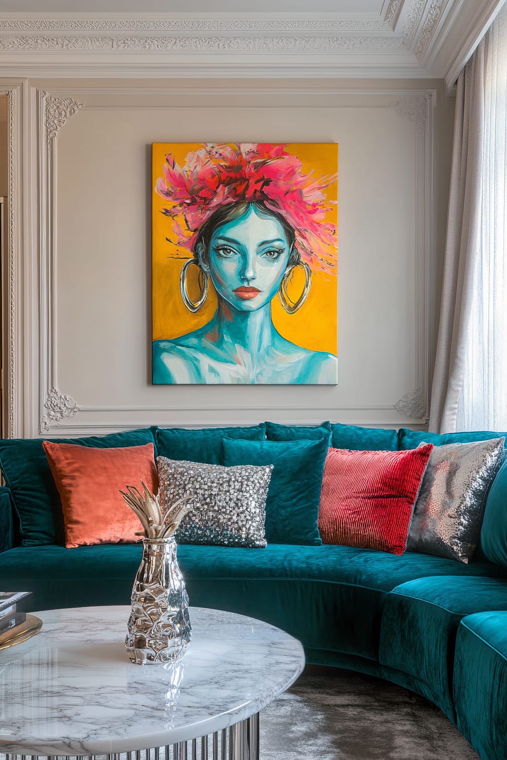 A stylish living room featuring a rich teal velvet sofa with silver, coral, and red accent pillows. Above the sofa hangs a vibrant painting of a woman with blue skin and large hoop earrings, set against a yellow background with red flowers. In front of the sofa is a sleek marble coffee table decorated with a shiny, sculptural vase. The room has soft cream walls with elegant molding and large windows allowing natural light to fill the space.