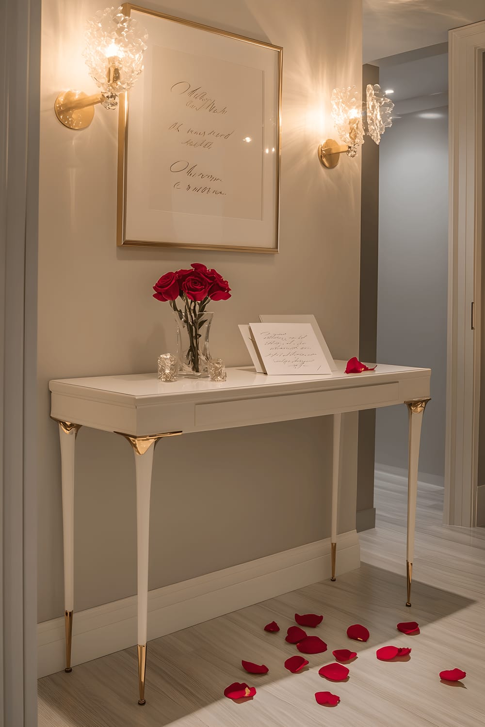 A chic entryway featuring a sleek white console table with gold accents. The table is adorned with a few rose petals scattered around a handwritten love letter and a small crystal vase holding a single red rose. The scene is warmly lit, possibly from a chandelier outside the frame, casting soft shadows and enhancing the romantic setting.