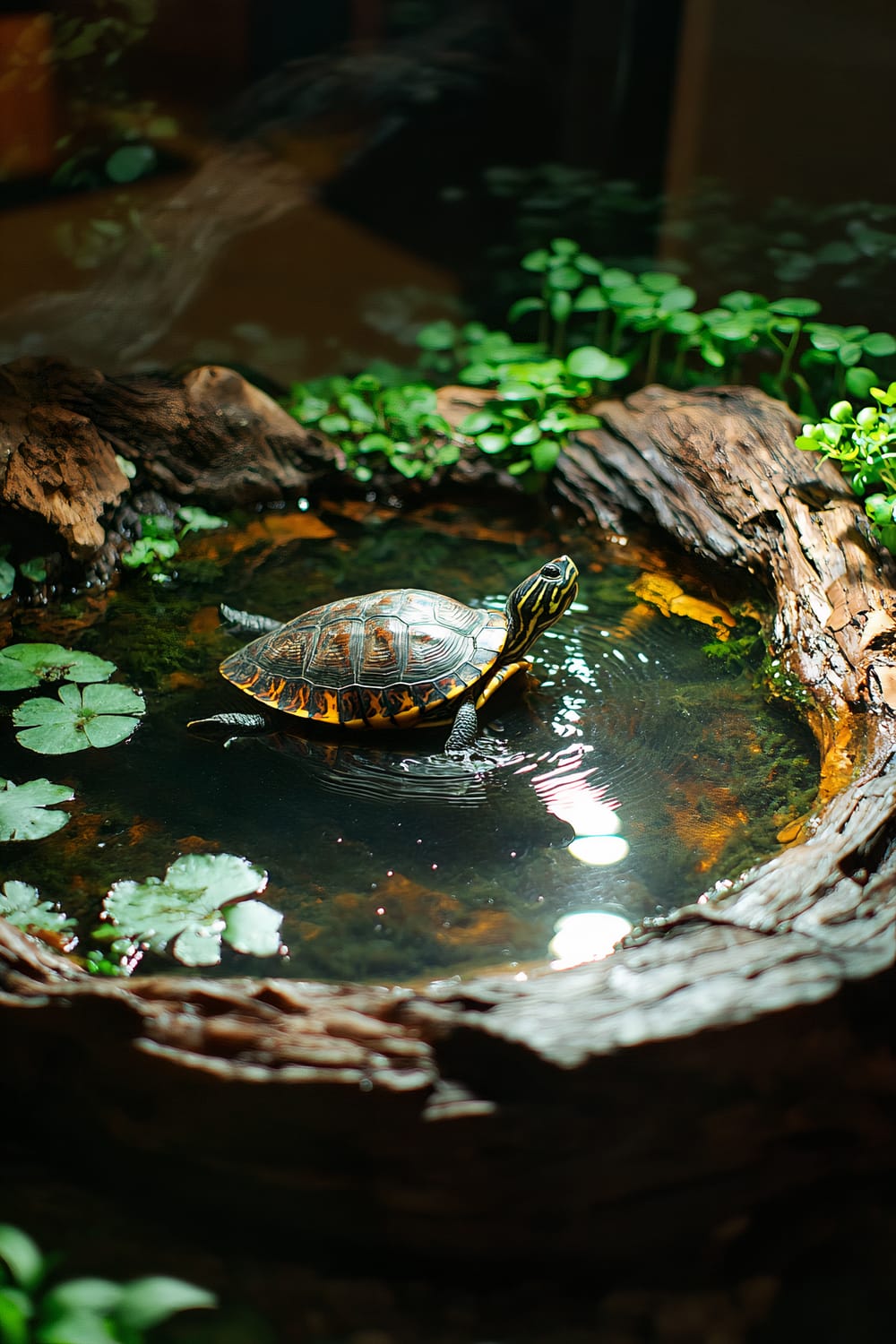 A small turtle in a naturalistic setting swims in a shallow pond partially surrounded by a hollow log. The log's interior, which forms the pond, is filled with clear water, and the pond's surface is dotted with aquatic plants. Fresh green foliage and water lilies enhance the close and harmonious connection to nature.