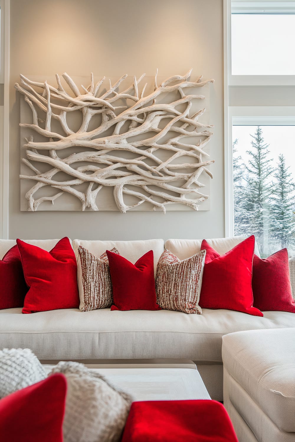 A contemporary living room showcases a white neutral-toned sofa adorned with multiple red and patterned accent pillows. Above the sofa, there is a large piece of white driftwood wall art. The room is illuminated by natural light streaming in from large windows, and there is a wintry view of snow-covered trees outside.