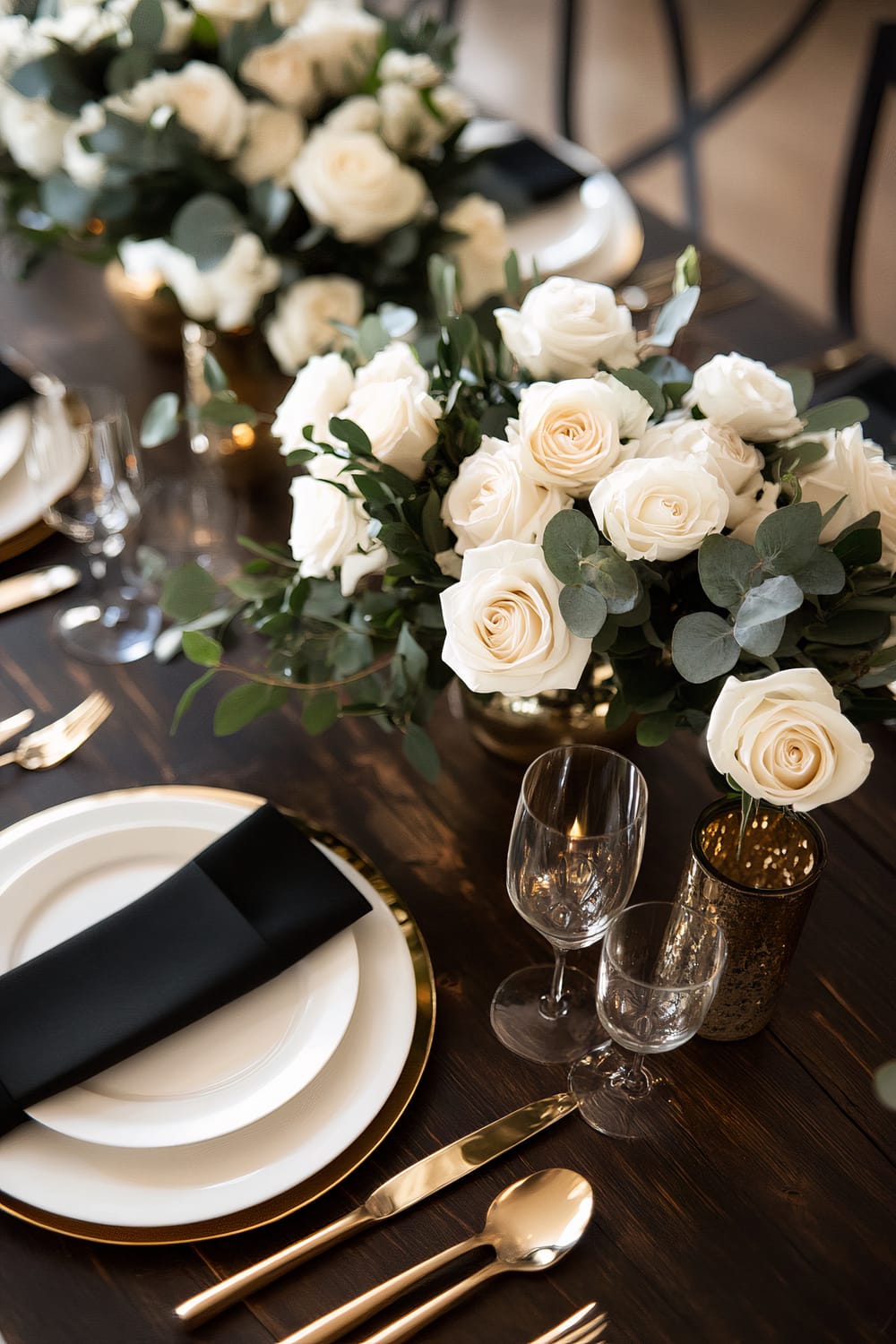 Elegant dining table setup with white roses in gold vases, black napkins on white plates, and gold cutlery