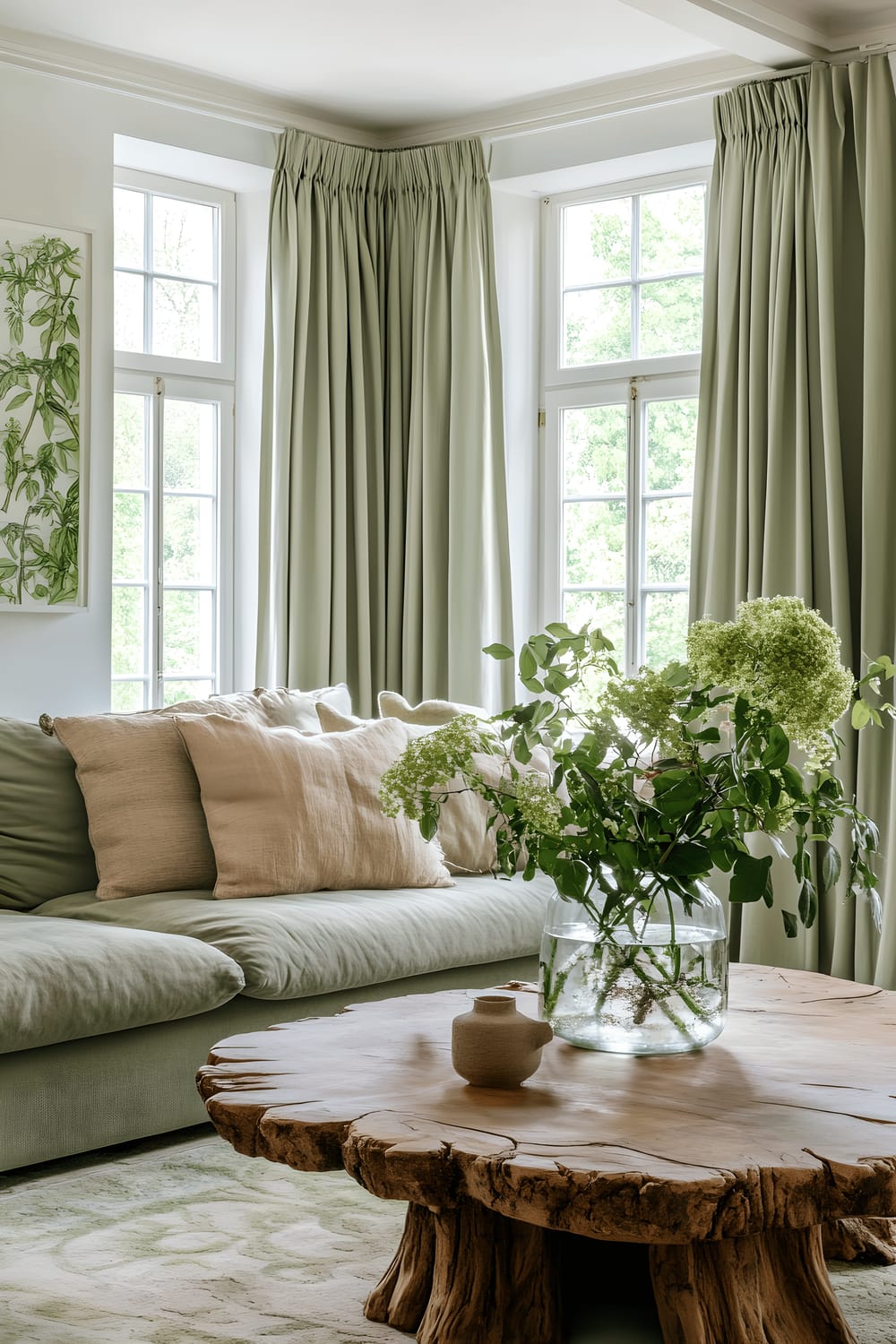 A tranquil living room with a natural green colour theme featuring a soft sage sofa, a wooden coffee table topped with a vase of fresh flowers, multiple indoor plants, and large windows with light green curtains. Walls decorated with subtle botanical prints contribute to a peaceful, nature-inspired ambiance.