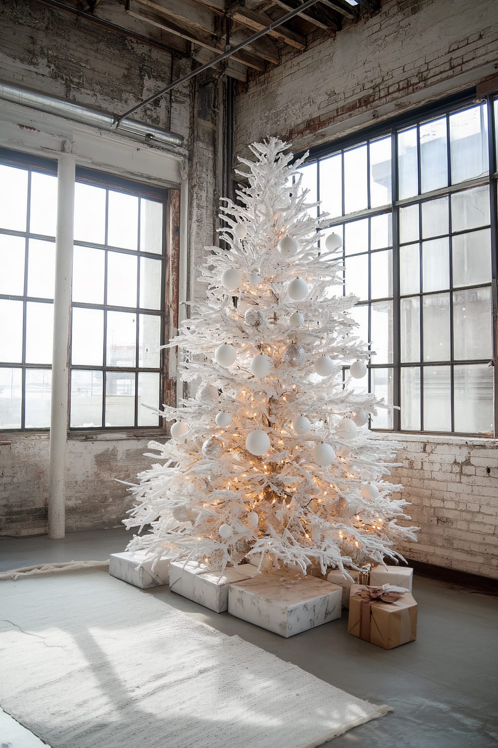 A white Christmas tree with exposed branches and minimalist white ornaments stands in an industrial loft adorned with large windows and rustic, worn walls. Several neatly wrapped presents are placed under the tree, and soft lighting creates a warm and modern holiday ambiance.