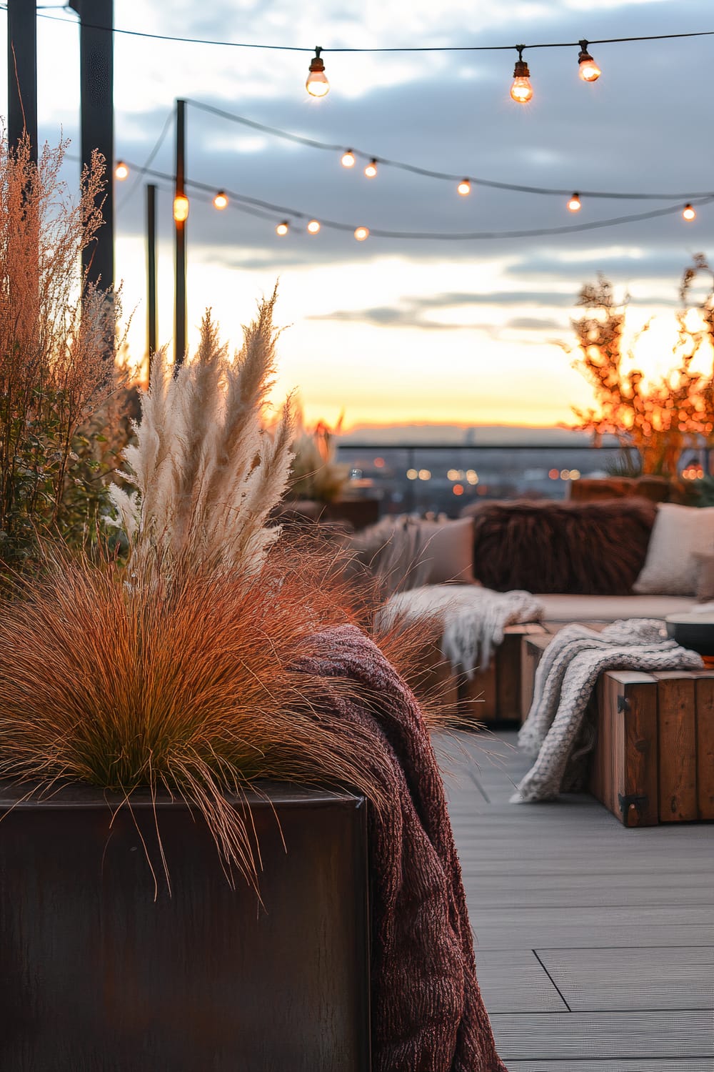 An outdoor rooftop patio at sunset, featuring potted tall grasses, wooden furniture with cushions and blankets, and string lights hanging above, creating a warm ambiance. The sky has soft clouds and warm graduating colors from the setting sun.