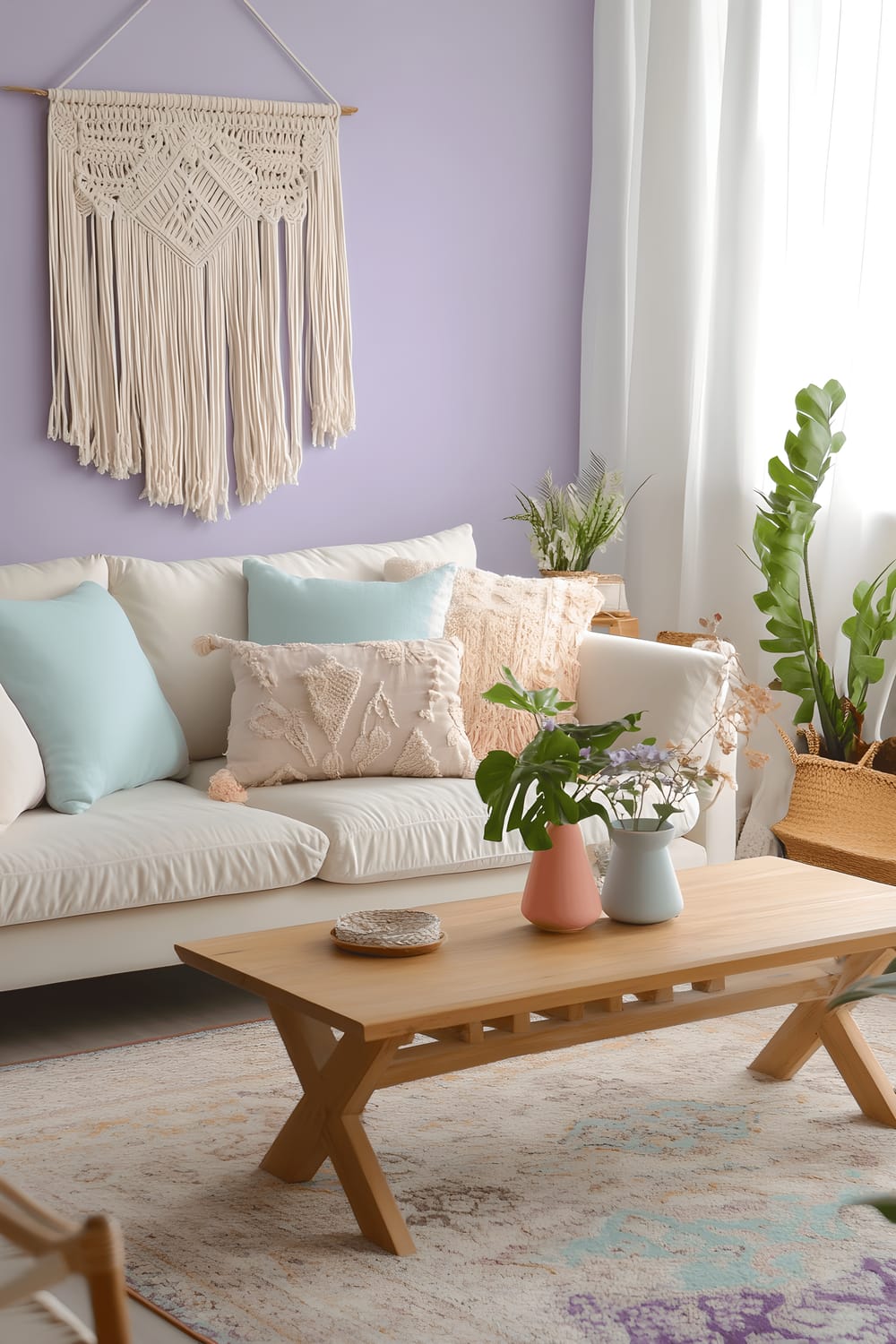 A spacious bohemian-inspired living room with walls of lavender mist hue. The room features a large cream sofa filled with plush pastel mint and baby blue throw pillows. In front of the sofa, there sits a light wooden coffee table displaying a delicate pastel coral vase. The floor is covered by a soft lilac area rug. Complementing the overall décor are macramé wall hangings and several indoor plants spread around the room, while natural light filters through the airy white curtains and illuminates the space.