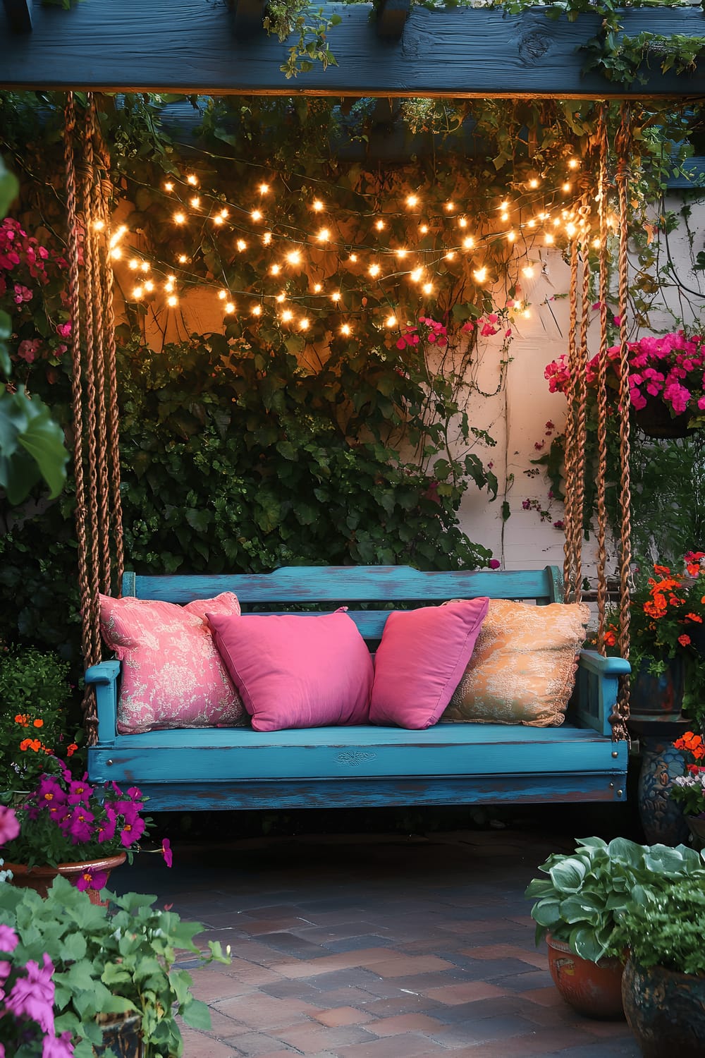 A whimsical patio scene featuring a cobalt blue vintage wooden swing seat adorned with plush teal cushions and pink gold throw blankets. Antique metal planters filled with vibrant apricot flowers and cascading ivy are positioned around the swing, forming a lush, colorful backdrop. Fairy lights are intertwined with flowering vines, promising enchanting illumination at night.