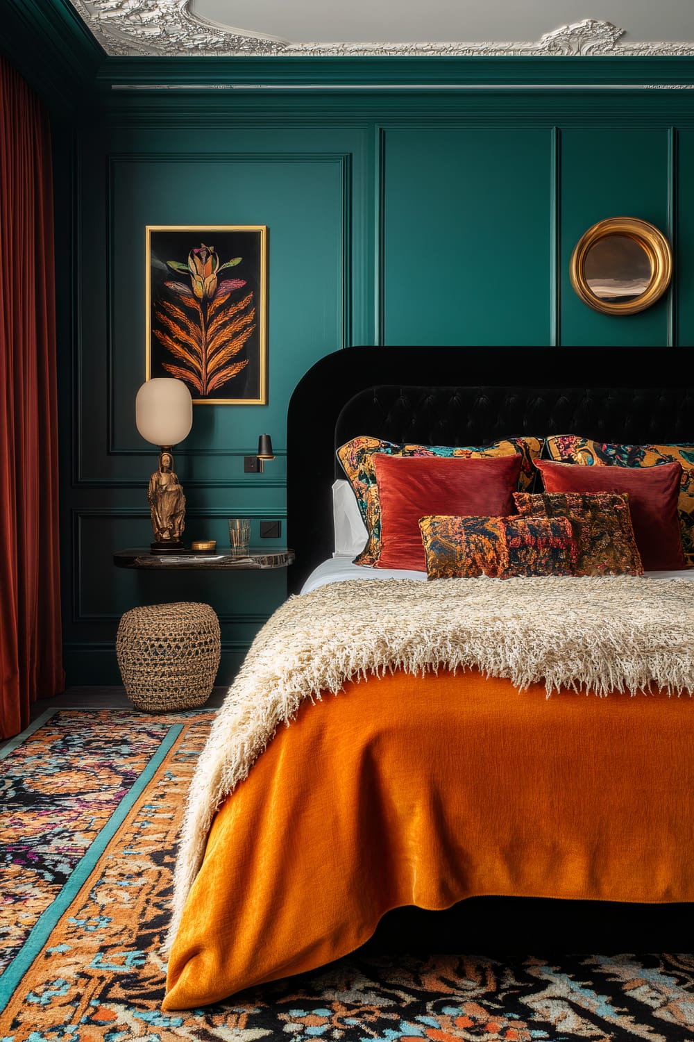 A luxurious bedroom with deep teal paneled walls adorned with artwork. The bed features a tufted black headboard, orange blanket, and textured cream throw. Colorful, patterned pillows contrast against the bold wall color. A side table holds a modern lamp and decorative statue, with a woven basket beside. The room is accented with an intricate rug and rich reddish-brown drapes.