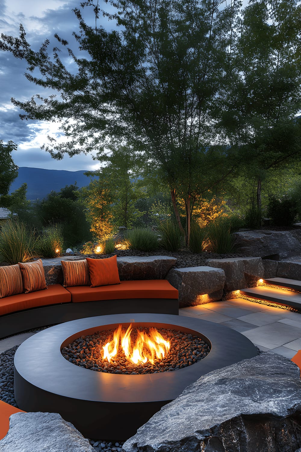 A contemporary outdoor scene at dusk featuring a circular fire pit encircled with large, dark-colored river rocks. The fire pit is surrounded by sleek, low-seating furniture made of metal and adorned with brightly colored cushions. The red and orange flames from the fire pit cast a warm glow on the surrounding area.