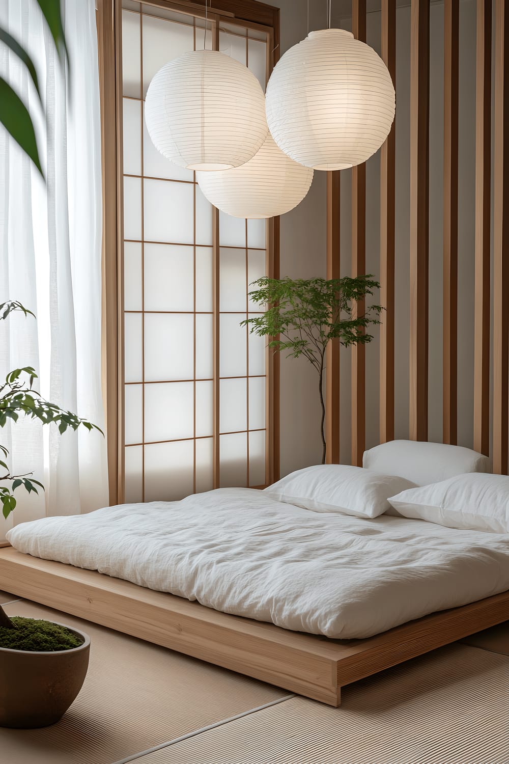 A serene Japanese-inspired room featuring tatami mats, shoji screens, and a low platform bed dressed in pristine white linen. A bonsai tree rests on a minimalist side table, and multiple paper lanterns disperse gentle light throughout the room. The colour scheme leans towards neutral tones, with elements of natural wood and green plants peppered in for an added sense of tranquility.