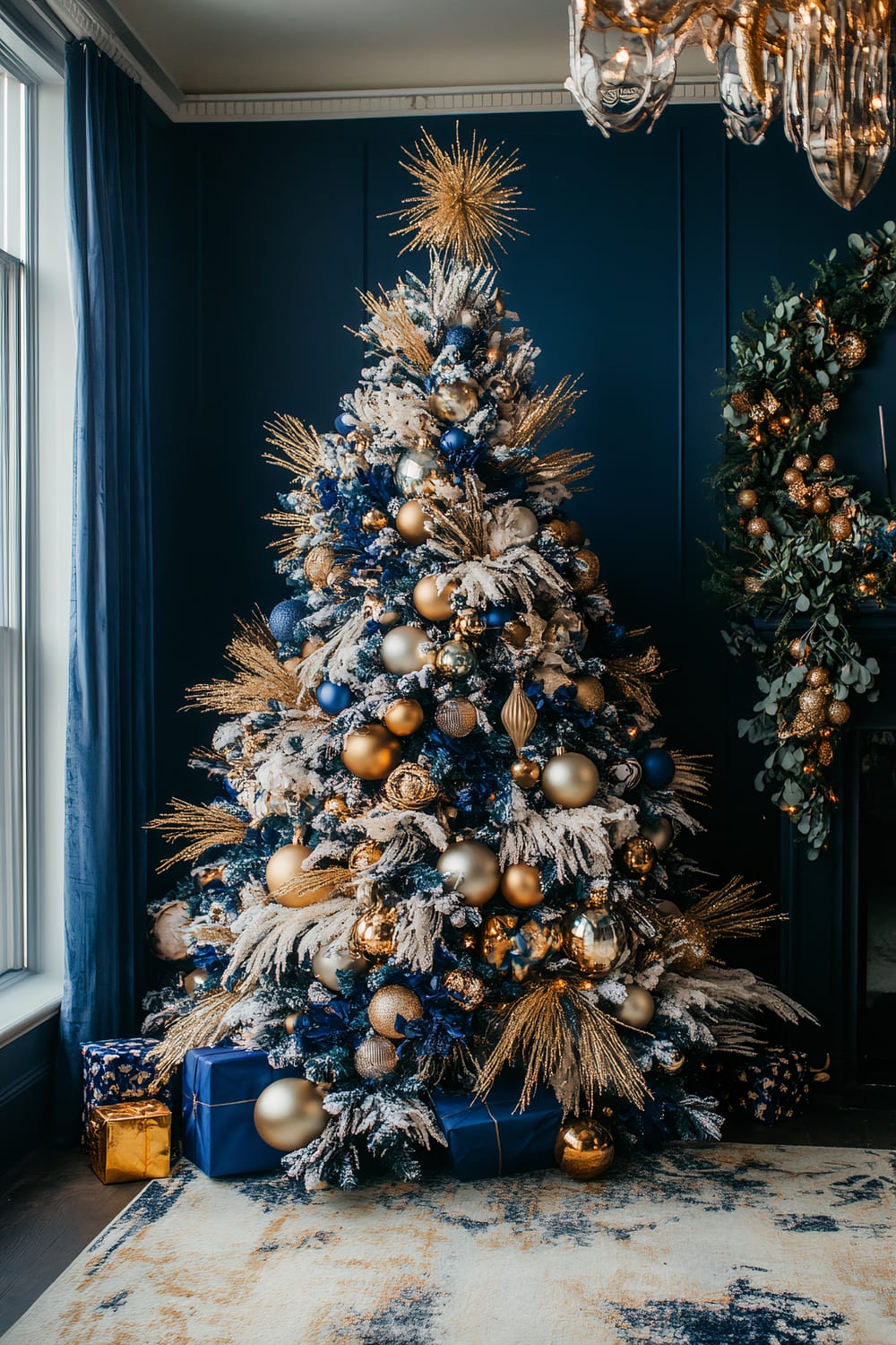 A luxuriously decorated Christmas tree is adorned with a rich combination of gold and blue ornaments, enhanced by frosted branches that give a snowy effect. The tree is embellished with gold and navy blue baubles, delicate branches of golden glitter, and a striking golden starburst topper. Wrapped presents in gold and blue paper are placed at the base of the tree. The tree is placed in a room with dark blue walls and matching curtains, with a hint of a green and gold decorated garland on the right.