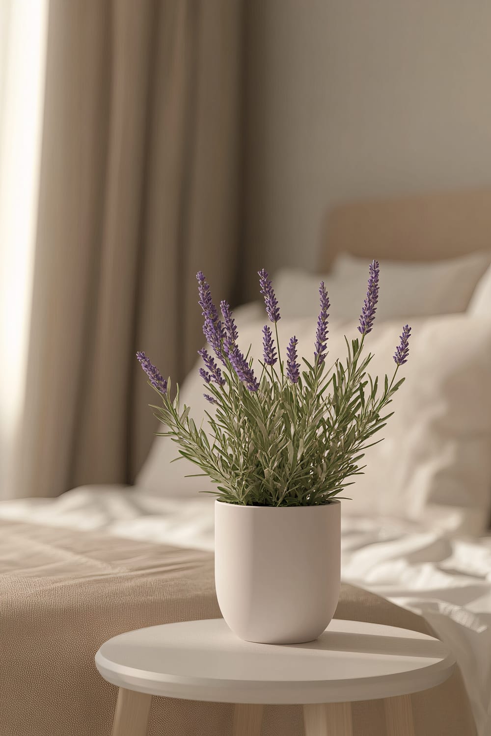 A minimalist bedroom scene featuring a small lavender plant in a white pot placed on a simple round wooden bedside table. The backdrop showcases beige bedding, a light beige bedframe, and beige curtains. The room is bathed in natural light, highlighting the soft lavender hues of the plant against the neutral tones of the decor.