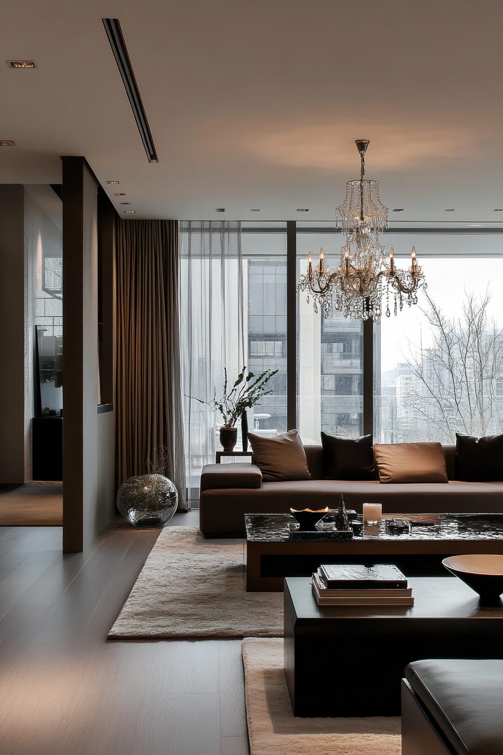 A sophisticated modern living room features a large, minimalist brown sofa adorned with beige cushions, set against floor-to-ceiling windows draped with both sheer and opaque curtains. An ornate crystal chandelier hangs from the ceiling, illuminating the polished décor. A sleek black-and-glass coffee table is central to the space, complimented by an array of contemporary décor items such as books, candles, and a decorative bowl. The space is completed with well-placed rugs in light tones, and a glass vase with a modern floral arrangement, adding a touch of nature.